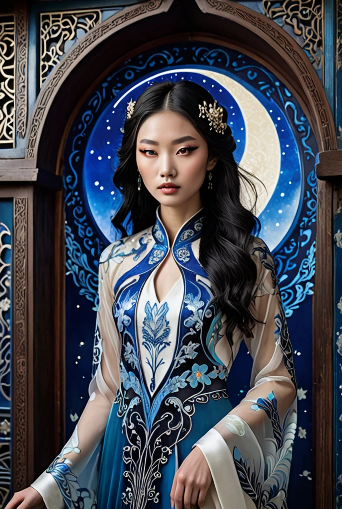 (masterpiece), (best quality), (digital painting), wide shot angle, 1 beautiful woman, thick eyebrows, curled eyelashes, facial details, long hair, Huge breasts, ((bluebatik shirt, silk cloth_pattern)), repeating pattern design, blue short skirt, hips, background, shop street, highly detailed, intricate, 8k octane rendering
