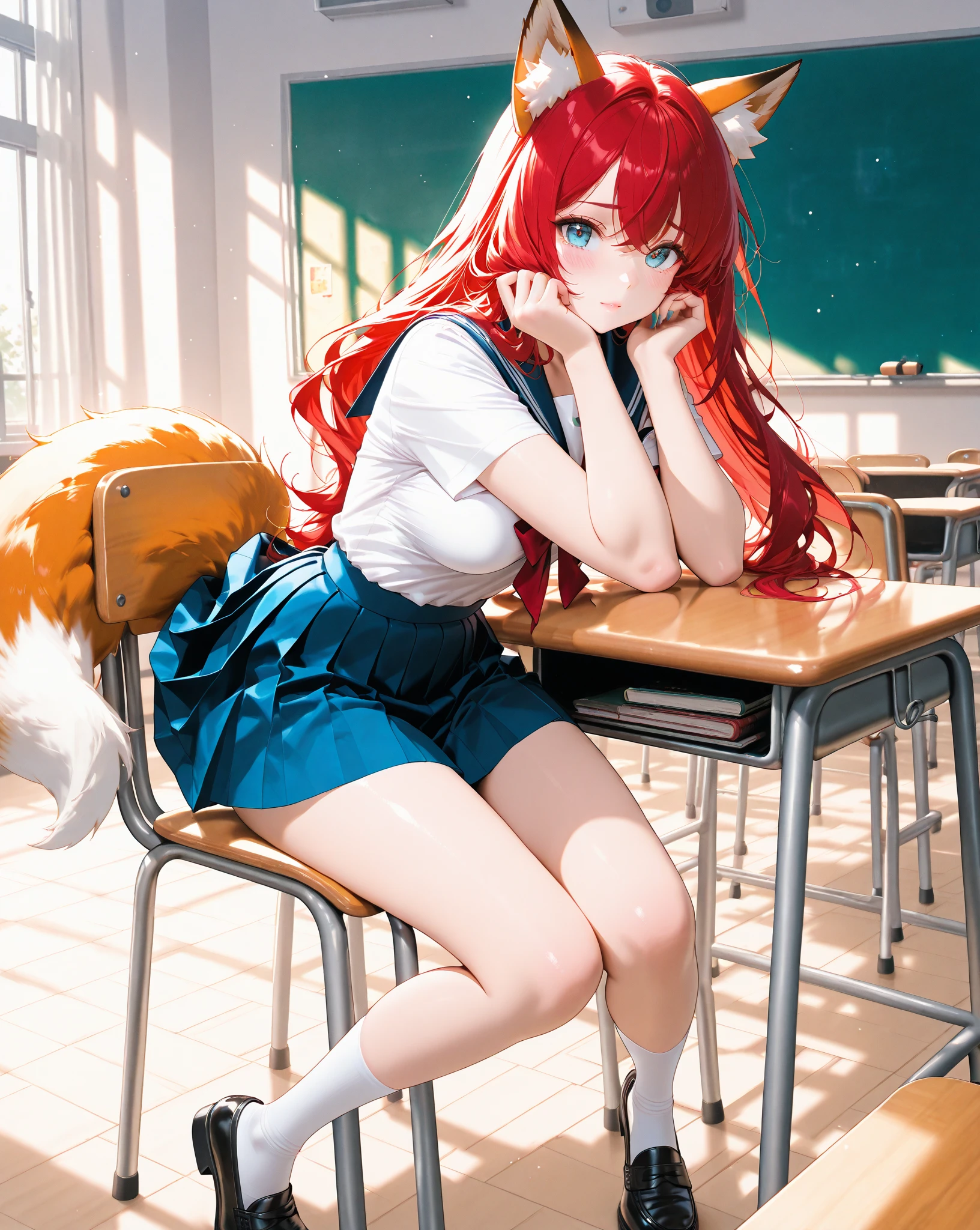 (simplistic),full body view,intricate details,(best quality),(masterpiece:1.2),(detailed:1.2),(sharp focus), (orange hair with black stripes), ((cartoon style)), tiger hybrid, tiger girl, skirt, white social shirt, red tie, tiger ears, tiger puffy tail, ((adult)), ((mature)), big ass, school classroom background, classroom background, (((alone))), (sat on school desk), (white thigh high socks) (((angry face))) (((glare))) (cute)