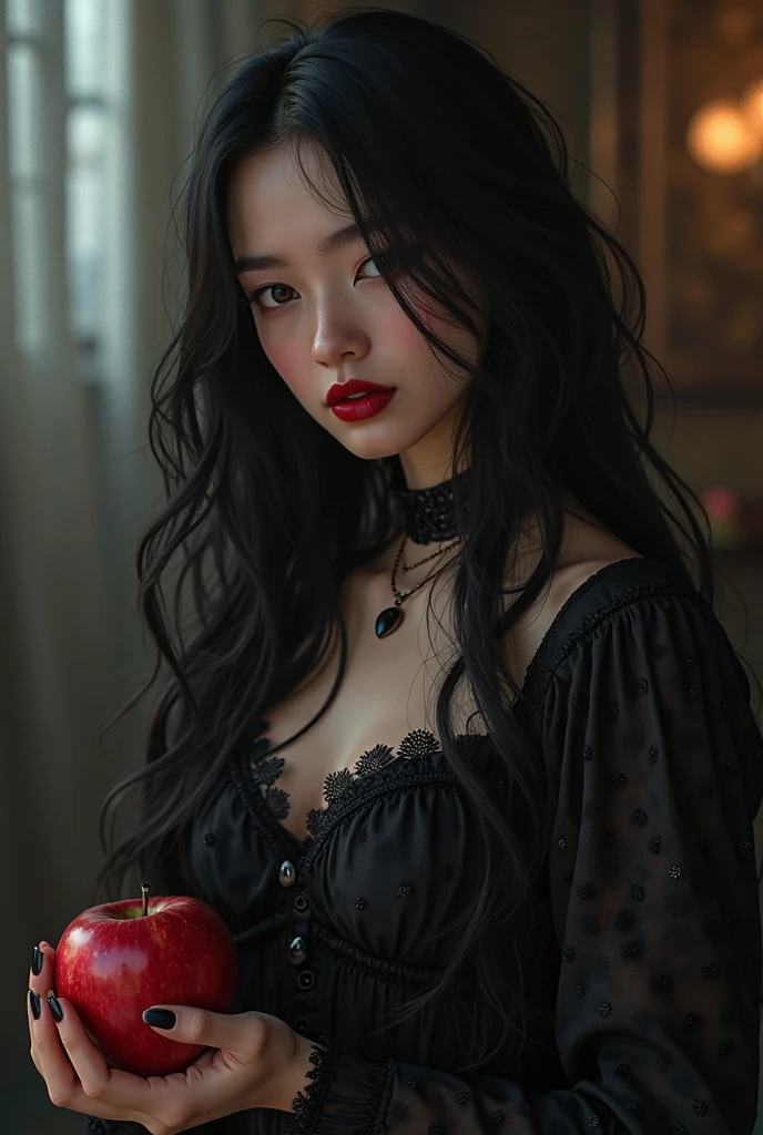 a cute Yuna in cosplay as Morticia Adams, beautiful detailed eyes, beautiful detailed lips, extremely detailed eyes and face, long eyelashes, slinky black dress, deep v down middle, deep thigh slits, sultry pose, holding a black rose, 8k, best quality, high resolution, masterpiece, ultra-detailed, realistic, photorealistic, HDR, studio lighting, extreme detail description, vivid colors, dark gothic, chiaroscuro lighting, moody atmosphere, dramatic lighting