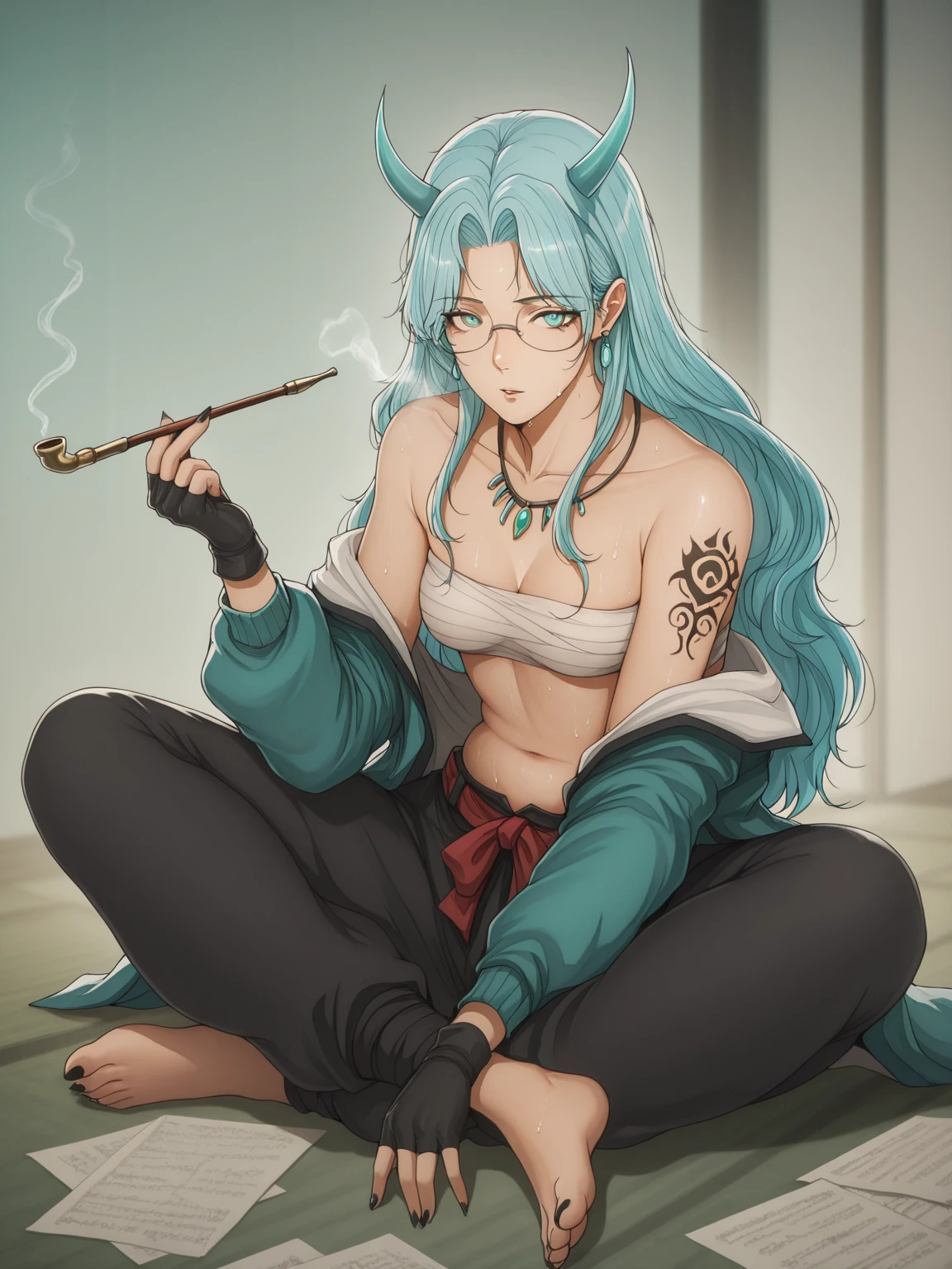 (Marumoru-style:1.4), manhwa, anime coloring, anime screencap, anime-style detailed background, vignetting, masterpiece, high quality, absurdres, best quality, very aesthetic, newest, dynamic composition, anatomical correct, HD, 4K, digital art, trending on ArtStation, perfect body, perfect eyes, perfect fingers, gasping, heavy breathing, excessive sweating, sweating, sweating profusely, gasping profusely, cinematic, ((skindentation)), ((curvy)), mature female, eva aesland, long hair, light-blue hair, aqua eyes, glasses, parted bangs, ((small breasts)), bright pupils, ((flabby stomach)), plump, 1girl, smoking_pipe, holding_smoking_pipe, solo, smoke, horns, jewelry, kiseru, sitting, tattoo, gloves, fingerless_gloves, sharp_fingernails, fingernails, barefoot, earrings, sarashi, black_nails, bare_shoulders, holding, parted_lips, looking_at_viewer, toenails, bow, indian_style, paper, sharp_toenails, pants, navel, necklace, nail_polish, jacket, belt, oni, oni_horns, smoking, makeup, black_gloves
