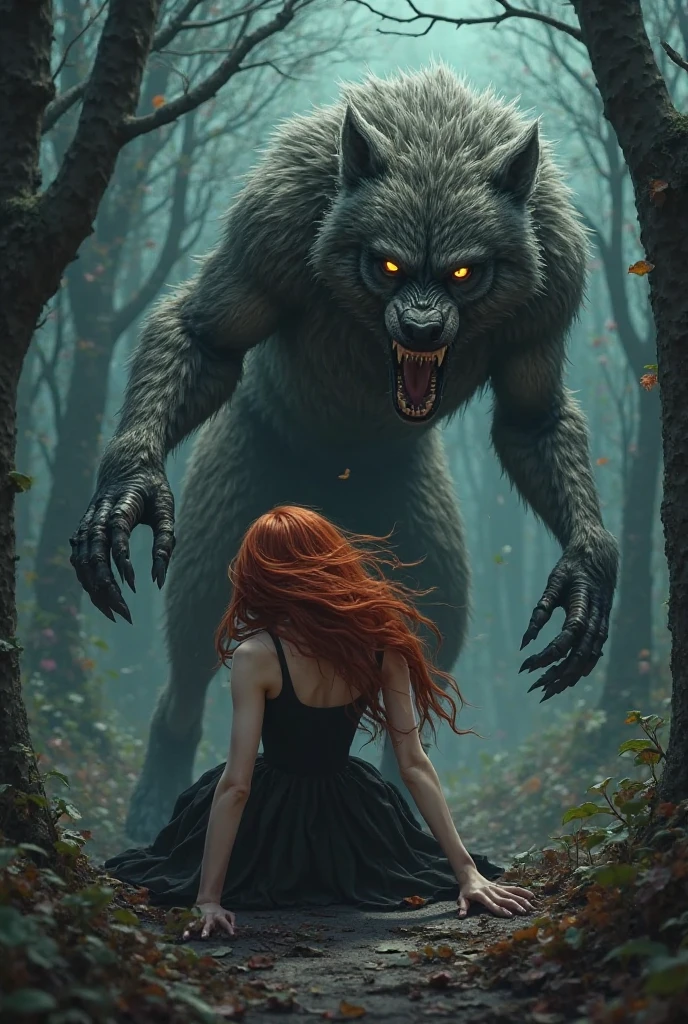Werewolf with gray hair and patchy yellow eyes attacking a 2 redheaded woman , wavy hair and green eyes 19th century