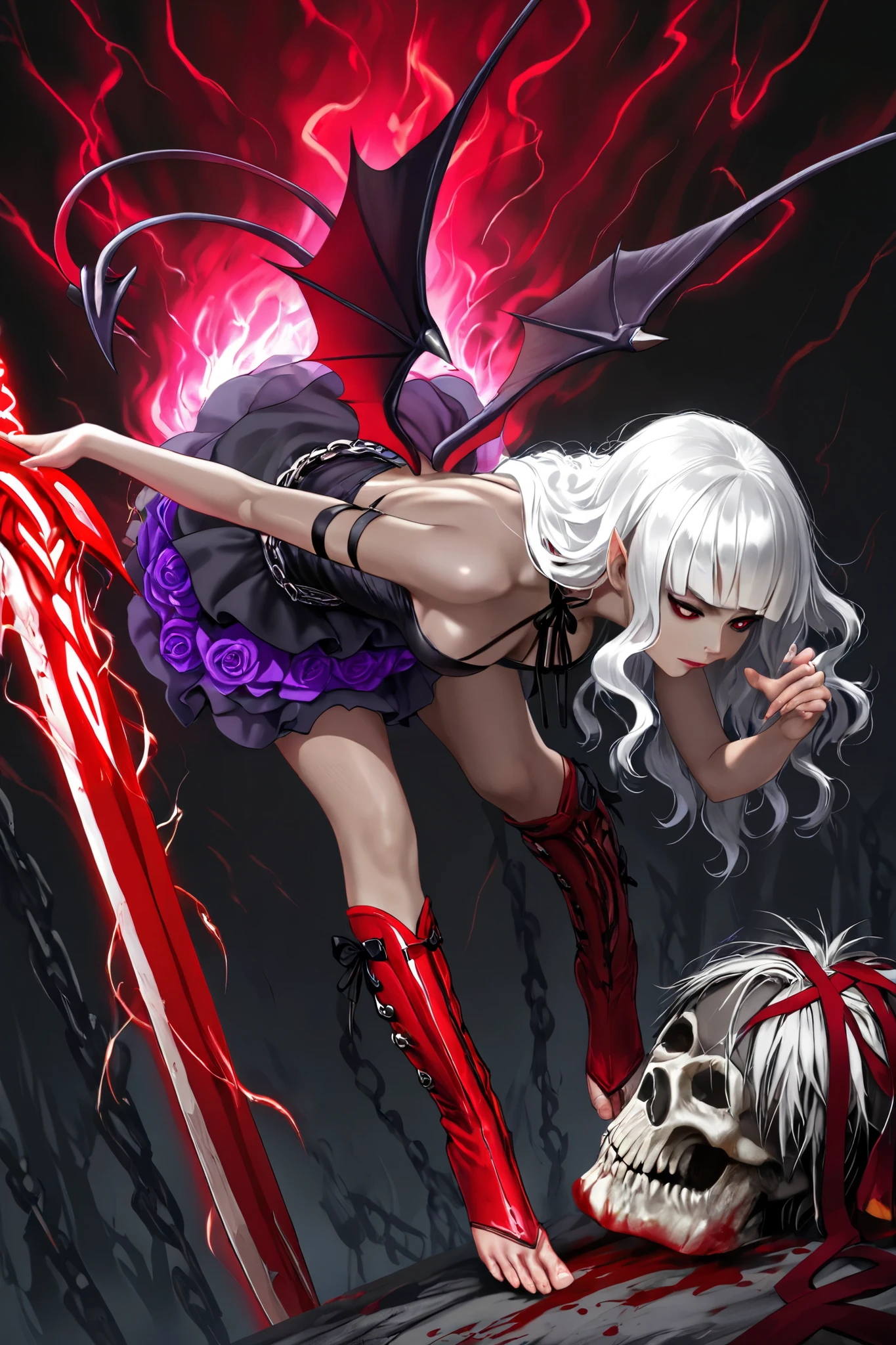 (Ultra-detailed face, Looking away, Realistic digital art, dark fantasy with Gothic Illustration, Dark tone colors. She has five fingers on her hands and five toes on her feet.), BREAK
(The background glows red and black with swirling red gas, red lightning and prominences flying in the air.), BREAK
(The Succubus Queen, her back turned and her body twisted in a daring pose, stomps one foot on the hulking demon lying at her feet, thrusting a great sword into its body and gripping the hilt of the great sword with one hand. In his other hand, he holds the severed head of the demon. The demon's head is staring at us with vacant eyes.), BREAK
(She has pure white hair, pure white eyebrows, blunt bangs, very long, messy wavy hair reaching down to her feet, small pink lips, cat's-eye red eyes, dark gray skin, and thick eyeliner. On her back she has a pair of large, wide-open, raven-like wings.), (She wears a ribbon tie with a crimson thorn chain, a tight layered dress of several layers of fabric with purple roses embroidered on crimson silk that is stained a blood-red, and crimson stocking boots. At her waist she wears a chain belt with several skulls.)