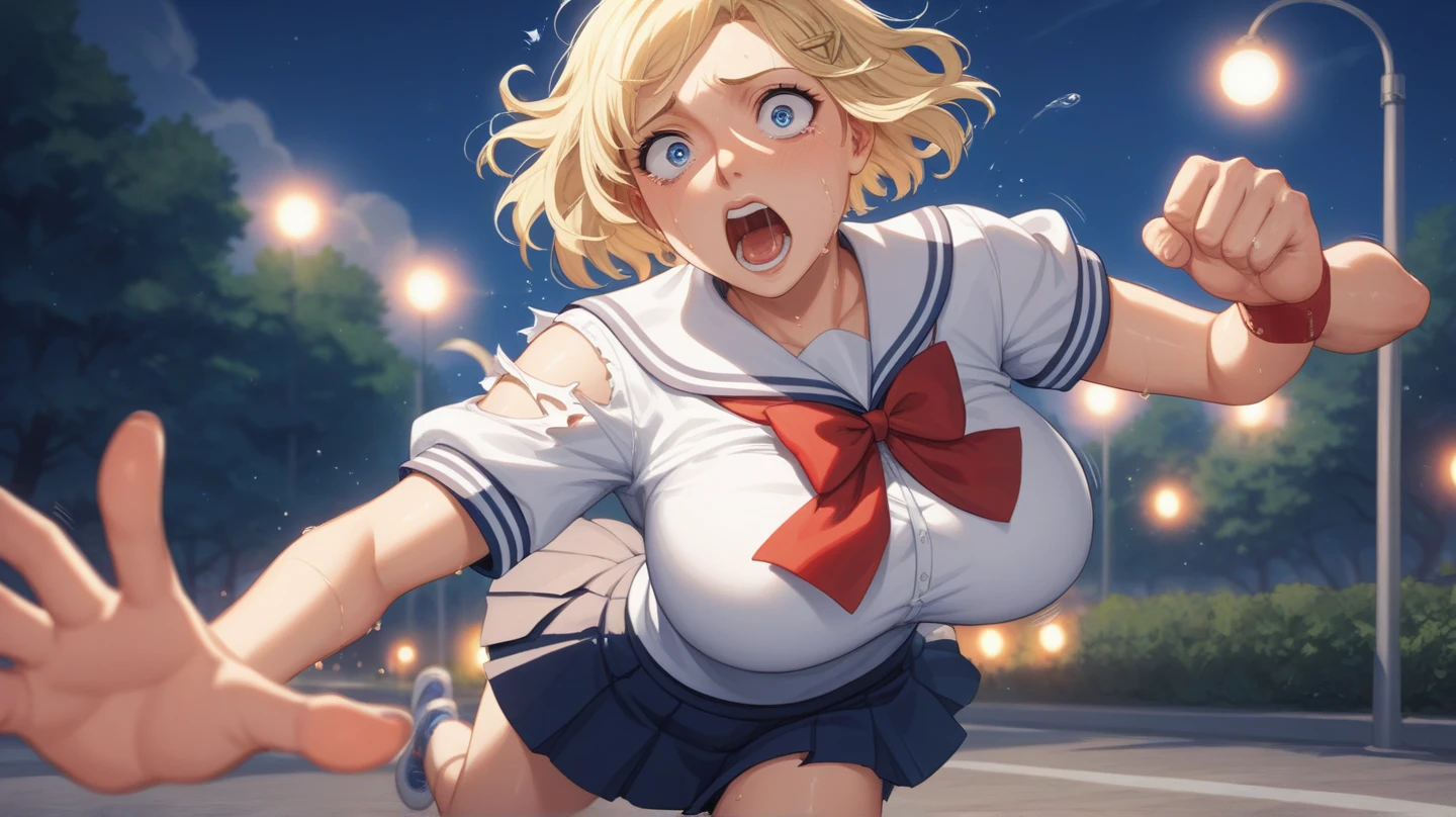 (masterpiece:1.2, top-quality), (realistic, photorealistic:1.4), beautiful illustration, (natural side lighting, movie lighting), ,
(looking at viewer), 1 girl, japanese, high school girl, perfect face, cute and symmetrical face, shiny skin, ,
(Android 18 from Dragon Ball,, blond hair), bangs pinned back, red eyes, long eye lasher, (large breasts:0.6, thick thighs),
beautiful hair, beautiful face, beautiful detailed eyes, beautiful clavicle, beautiful body, beautiful chest, beautiful thighs, beautiful legs,
((detailed cloth texture, short sleeves cute sailor suit, pleated skirt, sailor collar, sailor scarf, socks, brown loafers)),
(beautiful scenery), day time, riverside, (facing the front), (impatient expression, blushing cheeks, embarassed expression), (((skirt tug, Wind lift))),