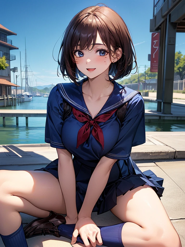 {Japan Slender Pretty Girl}, High Resolution, Best Quality, Super Detail, {Full Body}, Sailor School Swimsuit, Wedges, Fine Details, No Blush, Bite