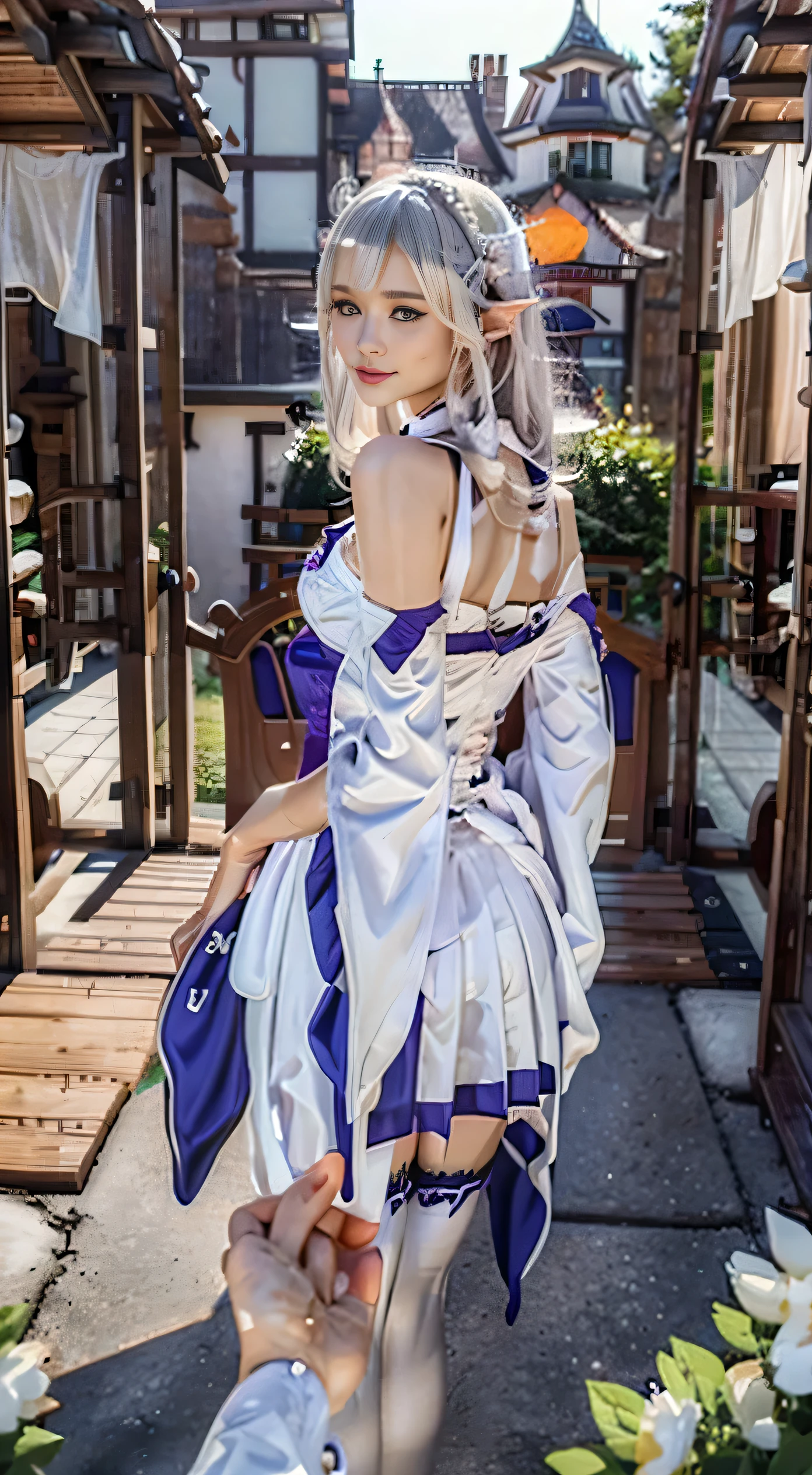 Landscape of a very beautiful woman, (cowboy shot), (((back hand photography)))!!!, (((front focus))), (((background Blurry))), Bokeh, photography with Fujifilm XT3, depth of field, film grain, female focus, BREAK, Emilia/(Re : Zero Kara Hajimaru/), anime style, (((bf_holding_hand)))!!!, ((((in front of wooden castle entrance door))))!!!!, (((looks at the camera with beautiful light purple eyes))), Ultra detailed eyes, (Beautiful light purple eye's like amethys :1.40)!!, Stars in her fixed eyes, (homochromatic eyes)!!!, ((crown braiding hair))!!!, spiky ears, warming smile, long sleevemouth, (((thin fresh peach lips)))!!!, (Blush)!! Perfect nose, Cute little nose, Earrings, beatiful face, Face Clean, realistic Skin, hyper realistic, Perfect eyebrow appear through silver hair, silver hair between eyes, silver hair bangs, (ultra shine silver hair)!!, (thick straight hair)!!, hair flower, hair ribbon, flower pattern, purple ribbon ((dynamic composition)), BREAK, detached sleeves, /(((wear original costume of Emilia/)))!!!, vivid color clothes, detailed realistic clothes, plump breasts, ((miniskirt))!!, slim legs, ((open smooth thight:1.5))!!, BREAK, Best Quality, Masterpiece, Ultra-detailed, Beautiful, hight resolution, Original, CG 8K, perfect photo, dramatic lighting, Beautiful lighting, (Realistic fantasy art), Realistic, Full HD, Best Quality, award winning, (8k wallpaper of extremely detailed CG unit), High Details, sharp-focus, The art of dramatic and photorealistic painting, ((in front of wooden castle entrance door)), full of flower, (flower garden), dynamic composition, breathtaking rendering, deep shadow, strong color