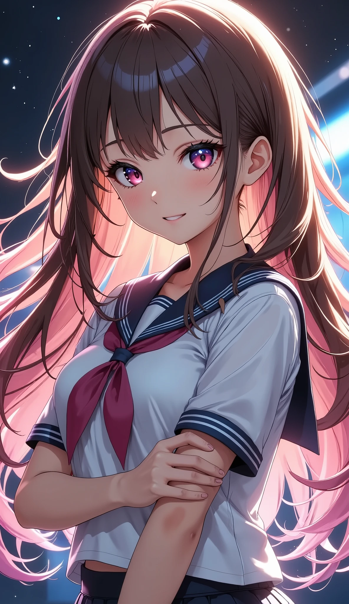 1 girl, Cute sol gixy female model, (可愛いセーラー服のgirls, skinの質感, smile, opening wide), illuminated with neon lights, High Precision, 4K, 8k, Masterpiece with natural light, Extremely Detailed Depiction, realistic, Photographic, HDR, UHD, Studio Lighting, Ultra Fine Painting, SHARP FOCUS, physically-based rendering, extreme detail, professional, Brilliant Colors, Bokeh, girls, upper body, standing, uniform, Emoji, smile, Line of sight, hair, skin, Decoration, background, Light, shadow, artwork, conceptual art