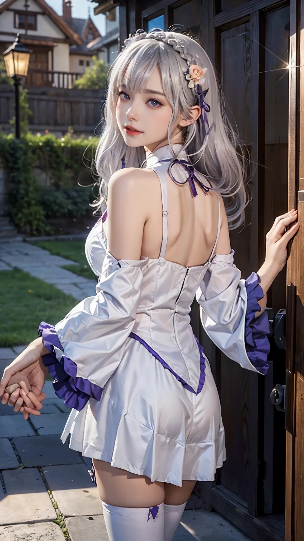 Landscape of a very beautiful woman, (cowboy shot), (((back hand photography)))!!!, (((front focus))), (((background Blurry))), Bokeh, photography with Fujifilm XT3, depth of field, film grain, female focus, BREAK, Emilia/(Re : Zero Kara Hajimaru/), anime style, (((reaches out and takes the cameraman’s hand with a delicate touch:1.6)))!!!, ((((in front of wooden castle entrance door))))!!!!, (((looks at the camera with beautiful light purple eyes))), Ultra detailed eyes, (Beautiful light purple eye's like amethys :1.40)!!, Stars in her fixed eyes, (homochromatic eyes)!!!, ((crown braiding hair))!!!, spiky ears, warming smile, long sleevemouth, (((thin fresh peach lips)))!!!, (Blush)!! Perfect nose, Cute little nose, Earrings, beatiful face, Face Clean, realistic Skin, hyper realistic, Perfect eyebrow appear through silver hair, silver hair between eyes, silver hair bangs, (ultra shine silver hair)!!, (thick straight hair)!!, hair flower, hair ribbon, flower pattern, purple ribbon ((dynamic composition)), BREAK, detached sleeves, /(((wear original costume of Emilia/)))!!!, vivid color clothes, detailed realistic clothes, plump breasts, ((miniskirt))!!, slim legs, ((open smooth thight:1.5))!!, BREAK, Best Quality, Masterpiece, Ultra-detailed, Beautiful, hight resolution, Original, CG 8K, perfect photo, dramatic  lighting, Beautiful lighting, (Realistic fantasy art), Realistic, Full HD, Best Quality, award winning, (8k wallpaper of extremely detailed CG unit), High Details, sharp-focus, The art of dramatic and photorealistic painting,  ((in front of wooden castle entrance door)), full of flower, (flower garden), dynamic composition, breathtaking rendering, deep shadow, strong color