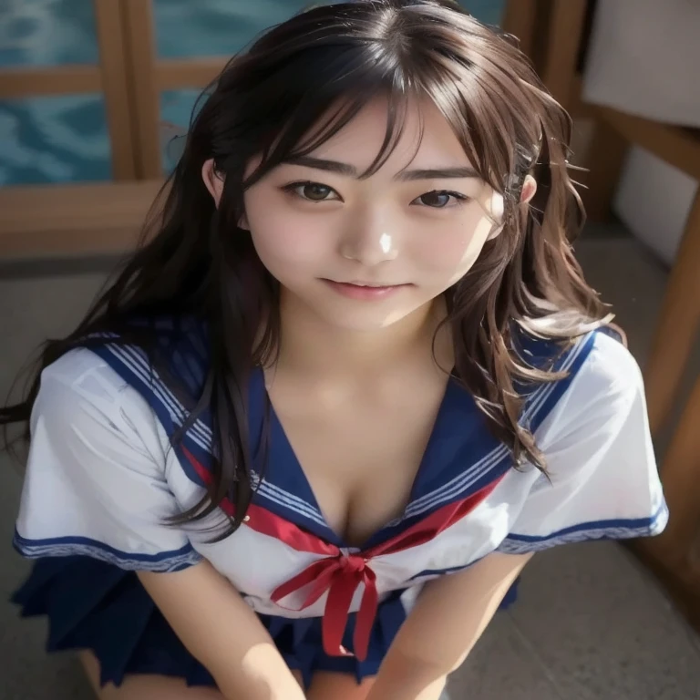 (One Girl), ((Very cute face)), Great face and eyes, (Highly detailed eyes, Highly detailed face), Fresh, Very beautiful appearance, (Ultra-realistic, High resolution), (highest quality:1.4), RAW Photos, (Realistic, Realistic:1.37), Professional photography , (see-through sailor uniform:1.1) , Smile a little, (look at me) , Portrait of a Girl , (gigantic breasts:1.3) , ((())) , ((junior high school student)), (light brown short hair:0.9) , (wavy hair:1.3) , (Nipples visible through sailor uniform:1.3) , (Please tilt your head a little) , Perfect nipples , ((Nipples are light pink )) , ((light pink areola)) , (sweating cleavage:1.2) , (cum on her breasts ) , (small nipples) , (upper body) , (lying down on the bed:1.3) , (young face:1.3) , (little girl:your back:1.4) , (young face:1.7) , (bare breasts:1.5) , (naked:1.3) , (bed on the back:1.3) , (braided hair:1.2)