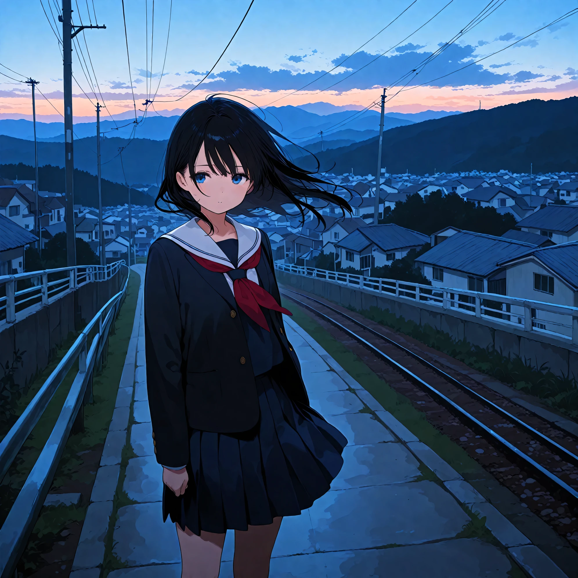 (masterpiece), (best quality), (ultra-detailed), artist:fujiyama, 1girl, route of a school, wind, very aesthetic,cinematic lighting