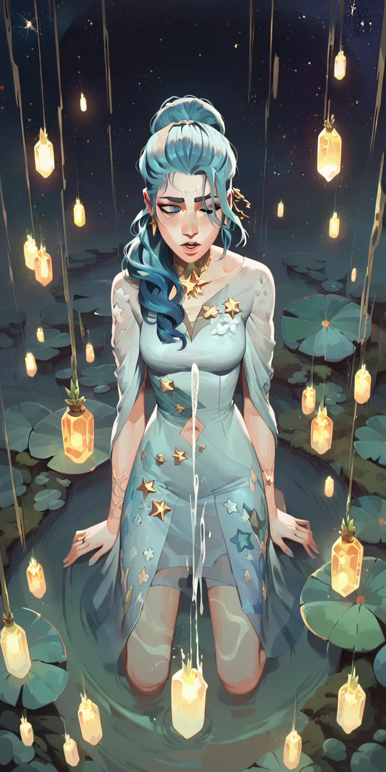 best qualtiy,tmasterpiece,超高分辨率,(realisticlying:1.2),1girll,The magical Aquarius astrolabe,Purple-haired people,There is a bottle in the background,In front of the bottle sat a woman。。。。,There is a moon on the bottle,Round crystal ball,