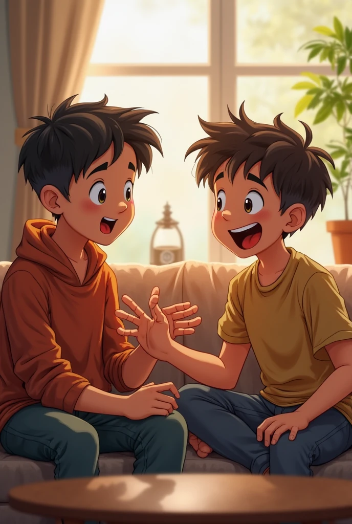 A little brother, with a mischievous smile and a sly look, is sitting at the foot of the bed or sofa. He stretches his hands towards his older brother's feet, who is lying down and laughing out loud. The background shows a comfortable bedroom or living room, with toys and books scattered around, giving a feeling of family conviviality. The expressions of the two brothers show both mischief and amusement., capturing a moment of complicity and brotherly joy