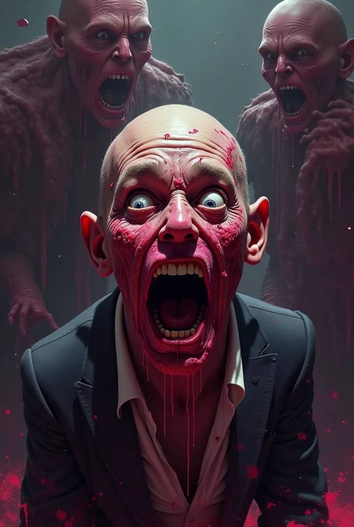 Man with head exploding while riding a train. Giant monster brain, screaming, blood (hyper realistic, masterpiece top quality: 1.1)