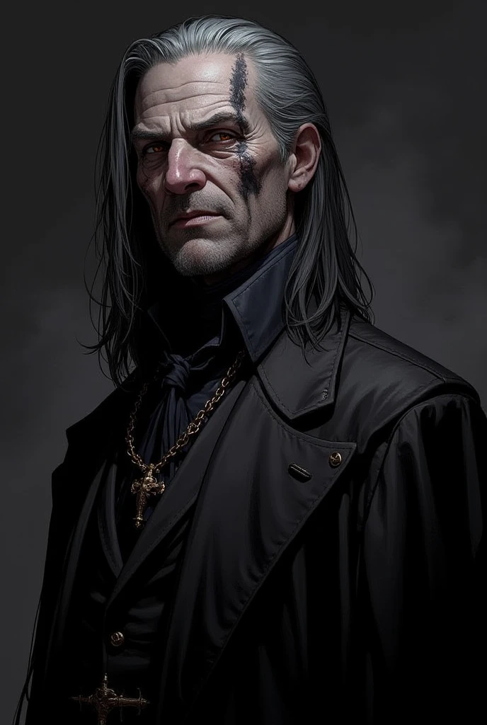 masterpiece, best quality, <lora:adamcrowley:1>, adamcrowley, 1man, ugly_man, old_man, pale_skin, black_hair, long_hair, black_coat, open_coat, medieval, dark, fantasy, horror, upper_body
