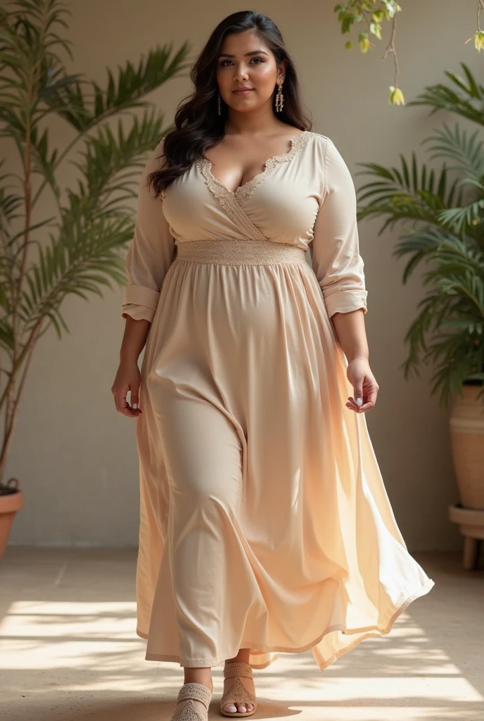 A beautiful and hot almost chubby mature woman with big hips.who wears a long orange lace-like dress with shiny sleeves. and standing in the balcony. A smiling face