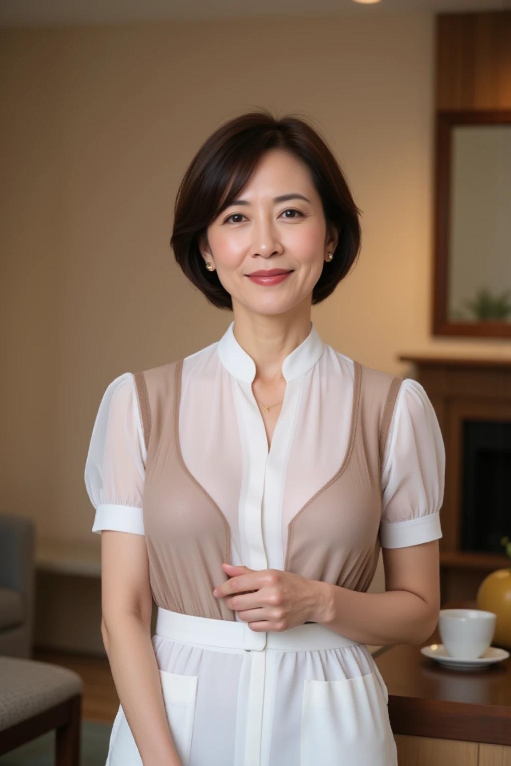 8k wallpaper, masterpiece, Highest quality, Very detailed, One Mature Woman, 50 years old, Become very clear, Wearing a short-sleeved knit, Skin dents, Captivating smile, Looking at the audience, No lapel microphone, Plump, Curvaceous, Attractive face, Smiling with teeth showing, I was happy, sitting in a cafe, Background Blur