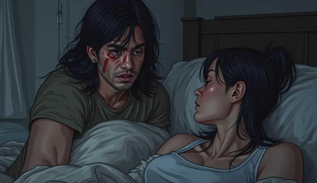 A shocking image of an exhausted young man, wrinkled, perspiring, wearing no shirt, is in desperation seeking success, looking straight ahead, expression frustrated by seeking success and not achieving it, in the background a television with the Netflix logo, bottle of whiskey around and a bed with a half-naked prostitute hugging him from behind, symbolizing the distractions that prevent you from achieving success, Cinematic realistic illustration.