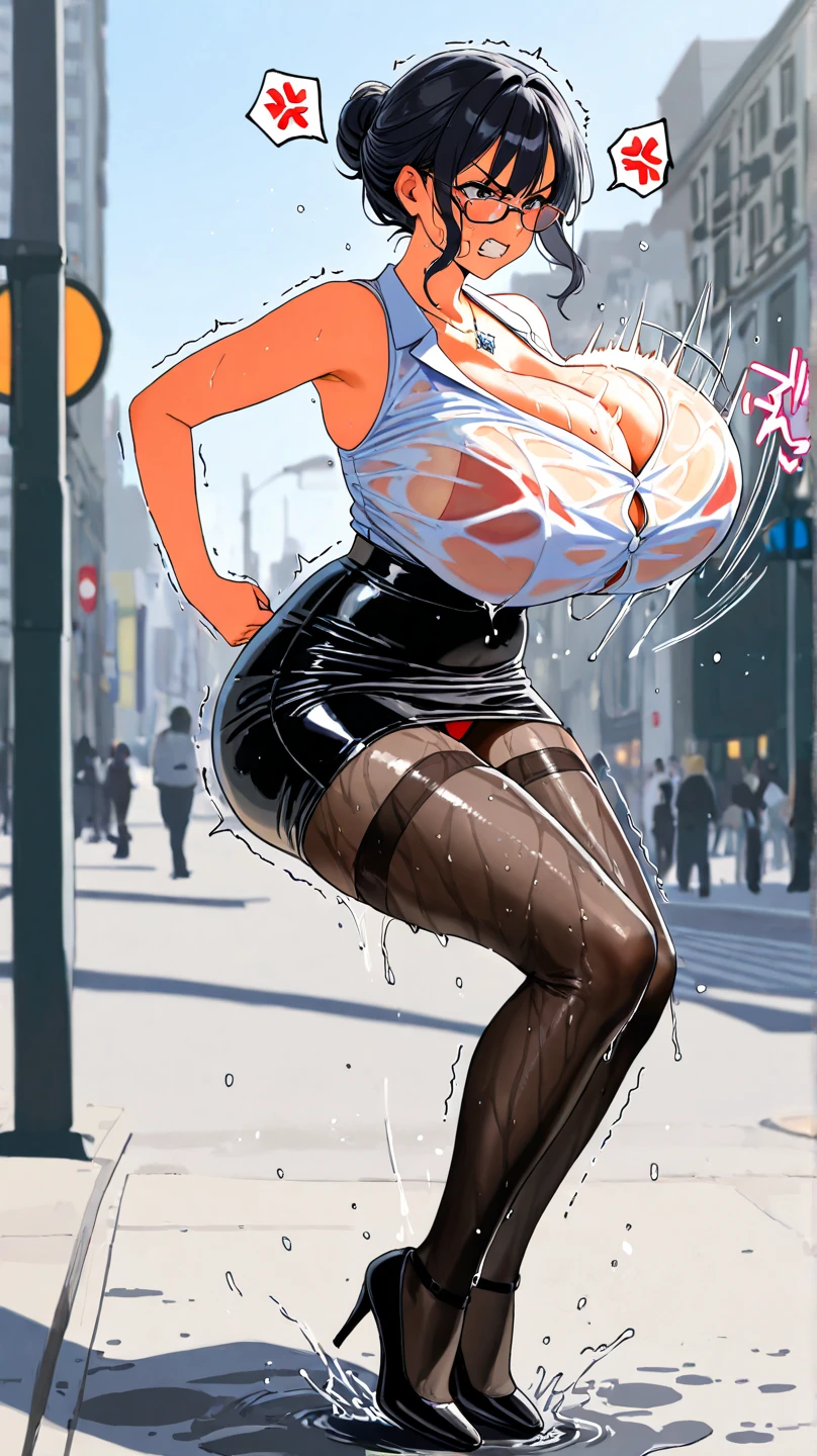 Photo of a milf asian female teacher with saggy breasts (((running))) on the (street), 40yo, busty body, tall body, tanned skin, dimples, light, detailed face, embarrassed face, ((looking disgusted)), ((very angry)), (dissapointed), Perfect breasts, big breasts, natural breasts, big nipples, G cup, (((brown hijab))),(((eyeglasses))), (shirt not buttoned), (((cotton bra))), ((((breast out)))), (((cotton panties))),((((trousers pulled)))), (sweat:1), (wet), (holding bag)