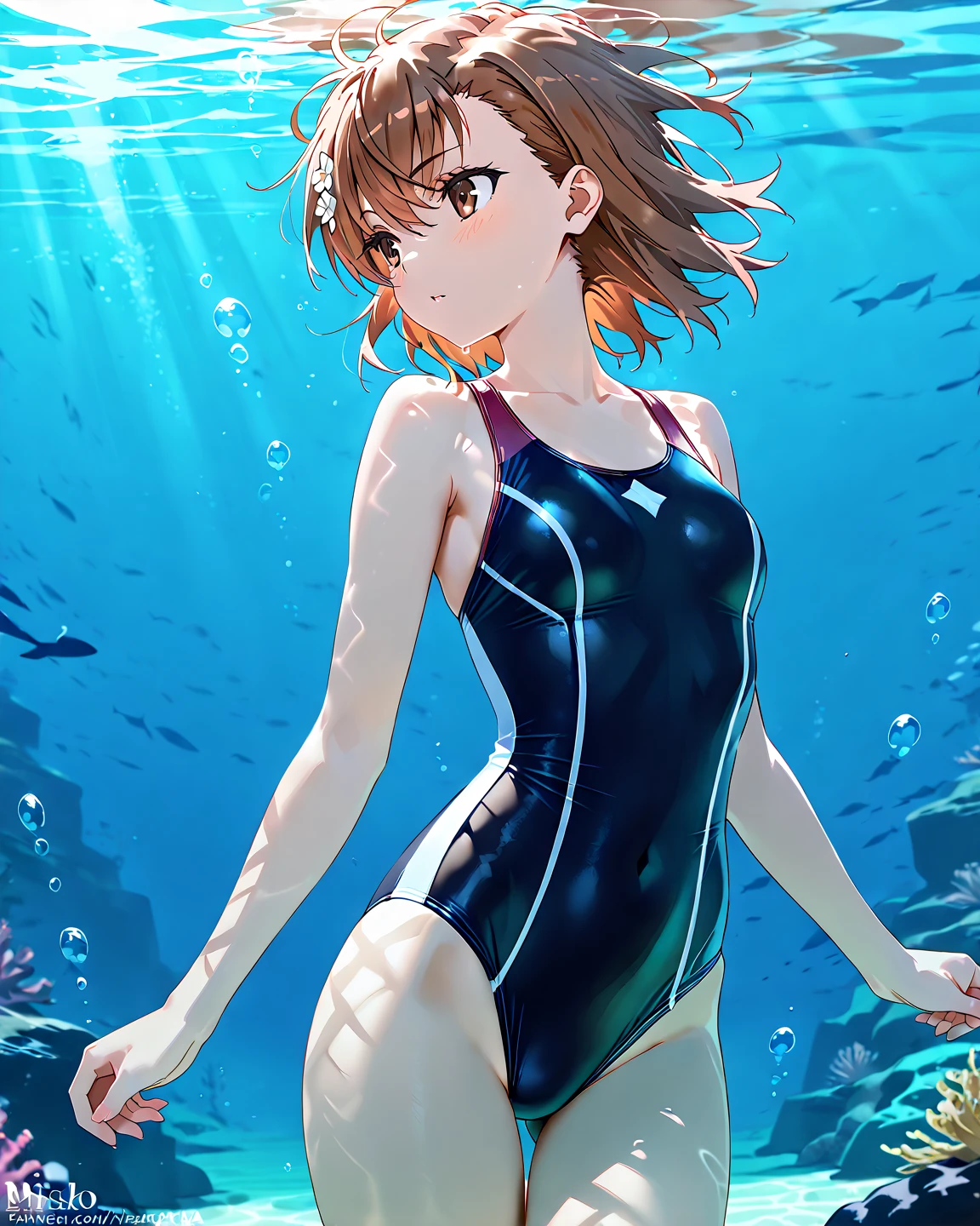 Super high quality by the art god, super detailed, High resolution, Kyoto animation style, anime moe art style, best anime 8K konachan wallpaper, pixiv contest winner, perfect anatomy, break,(Please draw a picture of a girl in a swimsuit walking on the beach alone. )break, 1 girl, (alone,little woman, lolita, , 13 years old:1.3),All limbs, full finger,, The charm of an immature body, (very short hair), Wet hair, flat chest, small ass, between legs, small eyes, beautiful and fine eyes, Well-proportioned iris and pupils, expressive eyes, High resolutionの詳細な髪, Wet, shiny skin, swimsuit, (detailed lighting), (detailed background),On the private beach, break,super dense skin, Best lighting by famous artists, 8K, figure,UHD, rough skin