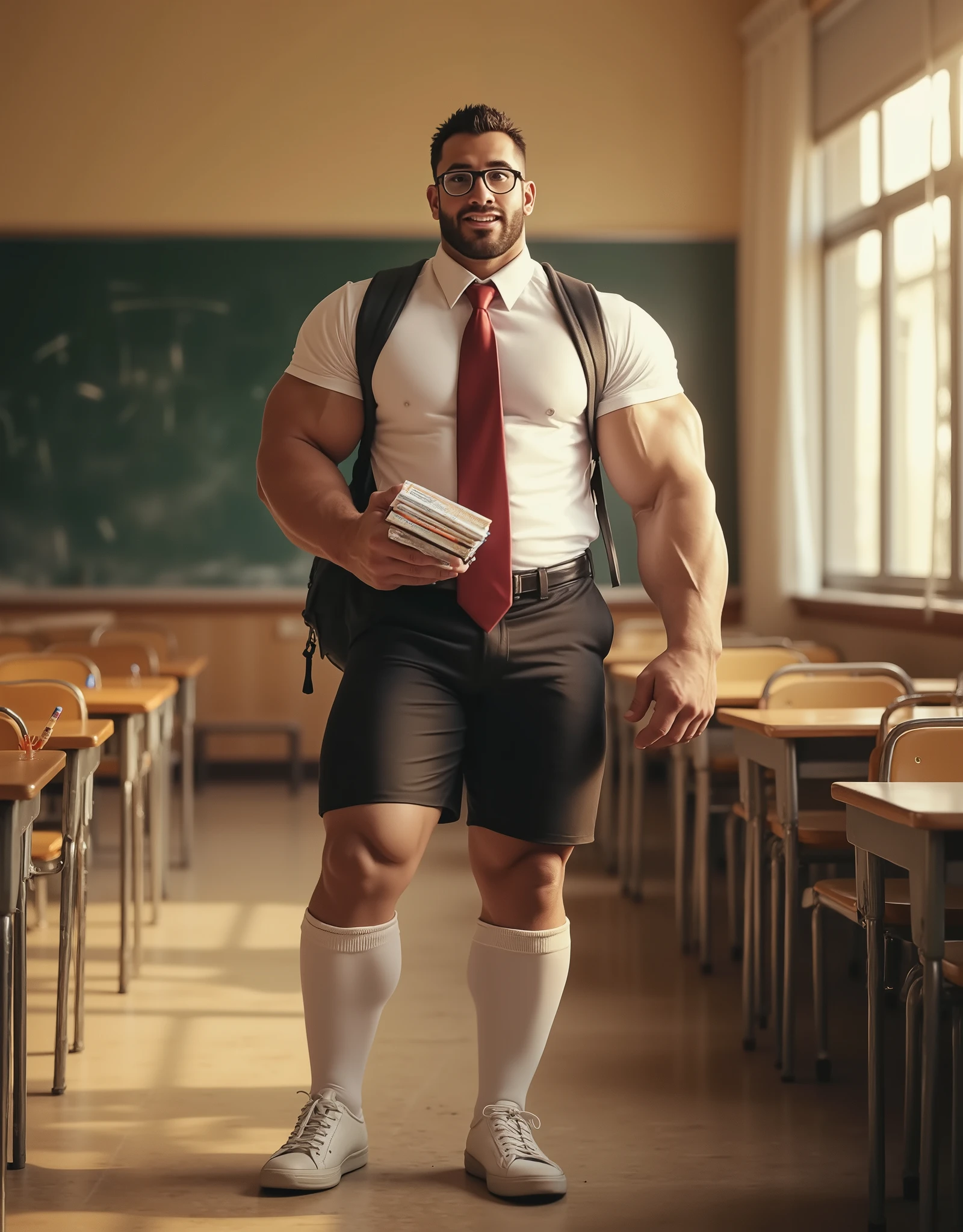 Photo realistic image of a 40 year old white teacher with a big, muscular build and body hair in the classroom wearing a tight sports uniform on his big, hairy, muscular legs