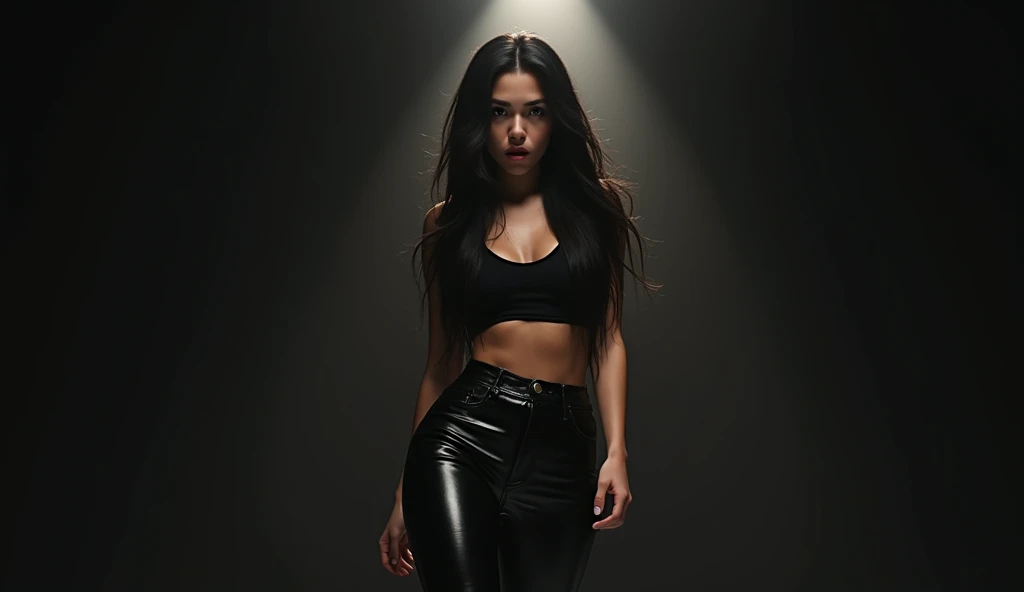 Female supermodel in a black sports bra and black leggings against a blank wall with a oil painting of an apple