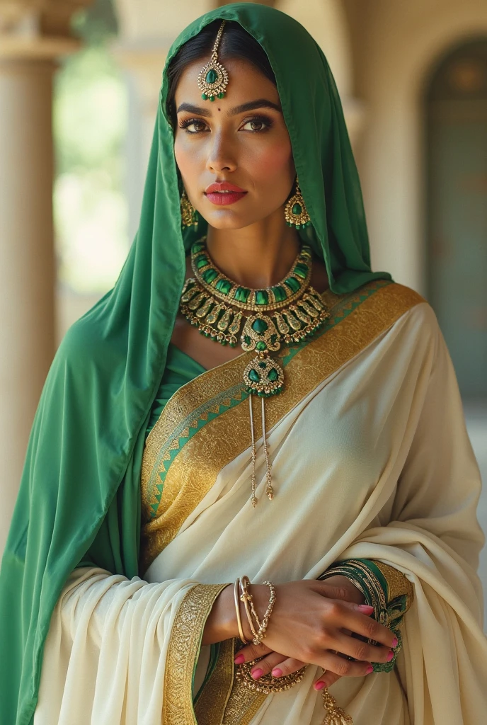 Arabic Mulçulmana, ((cabelos pretos)) e ((Olhos escuros)), is light-skinned, veste um (verde)) Greek toga with golden pattern, Ancient Greek temple and starry night sky in background, Mitologia grega, Misterioso, fotorrealista, super alta qualidade, Super Detalhe, ultra accurate description of hands, master part, 8k, HDR , golden accessories, uma rainha, com flores no local coloridas, On the head of the Arabian queen, uma coroa dourada em ouro. cabelos pretos e longos, um pouco cacheado. well-defined lips and arched eyebrows. Gold accessories. Hijab