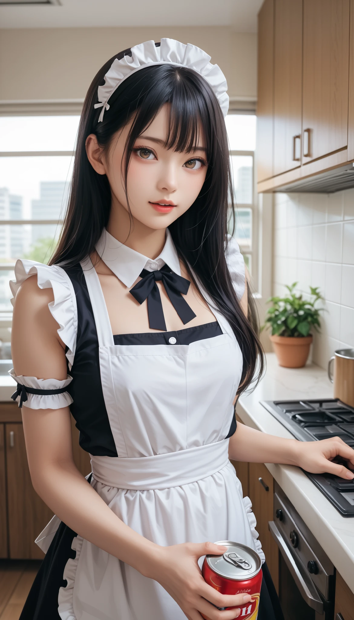 long hair、 black hair、Maid、scene of wiping windows with a rag from inside、群青色のMaid服、white apron、White Prim、try as hard as one can
