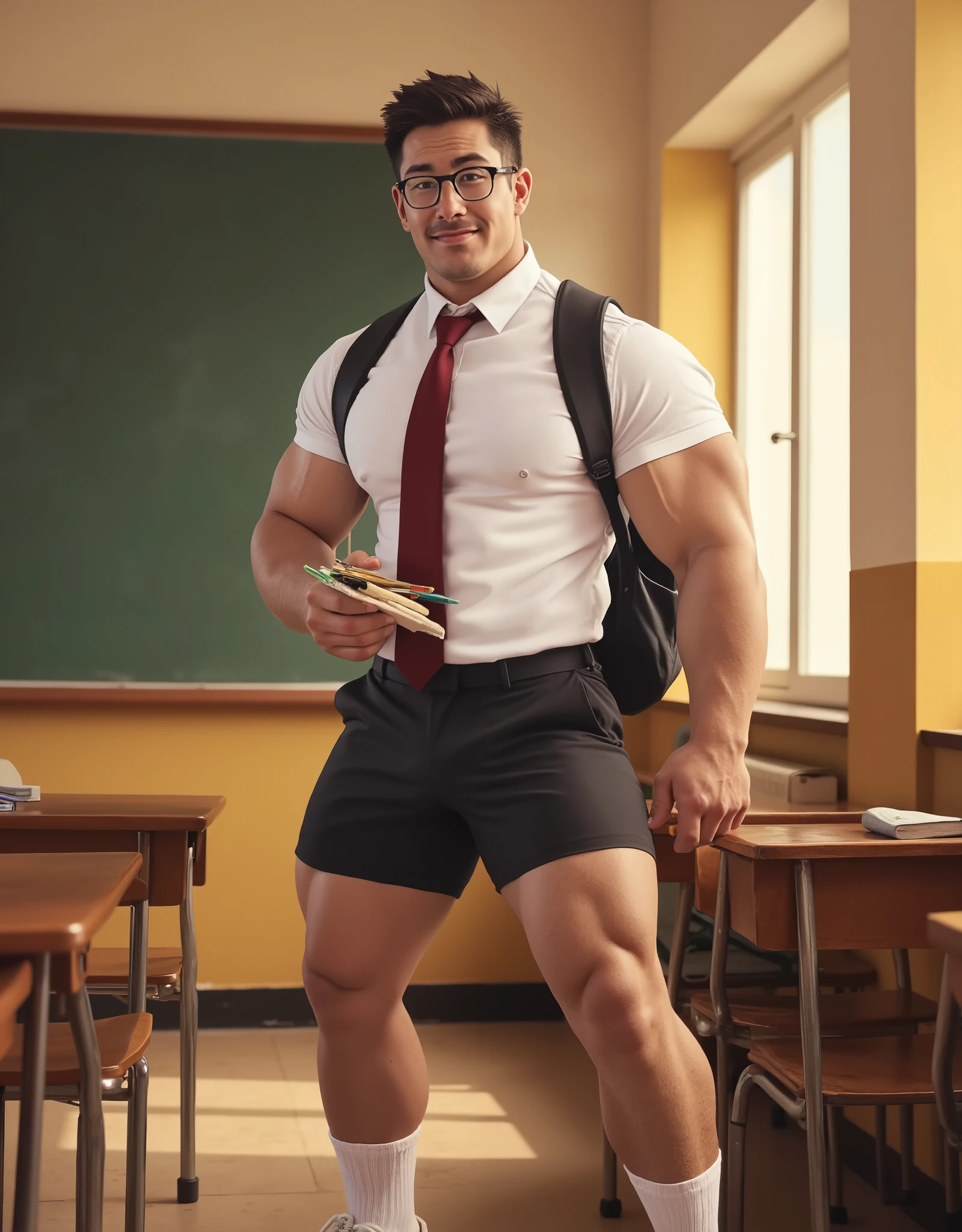 best qualtiy,tmasterpiece,超A high resolution,(realisticlying:1.4),详细的脸,独奏,Repressed shots,((full bodyesbian)),The muscular man stands on the podium,inside a classroom,Green blackboard,Black jumpsuit,Asian male,1 male,37-year-old man,Place your hands on your crotch,a broad shouldered,the Extremely Detailed CG Unity 8K Wallpapers,Complicated details,Detailed skin texture details,Warm tones,Spread your legs,An expression of kindness,large pecs,Round pectoral muscles,Naked upper body,Anatomy Human,((((Bulging crotch)))),Dark skin,Dark brown legs,sweat leggs,Thick body hair