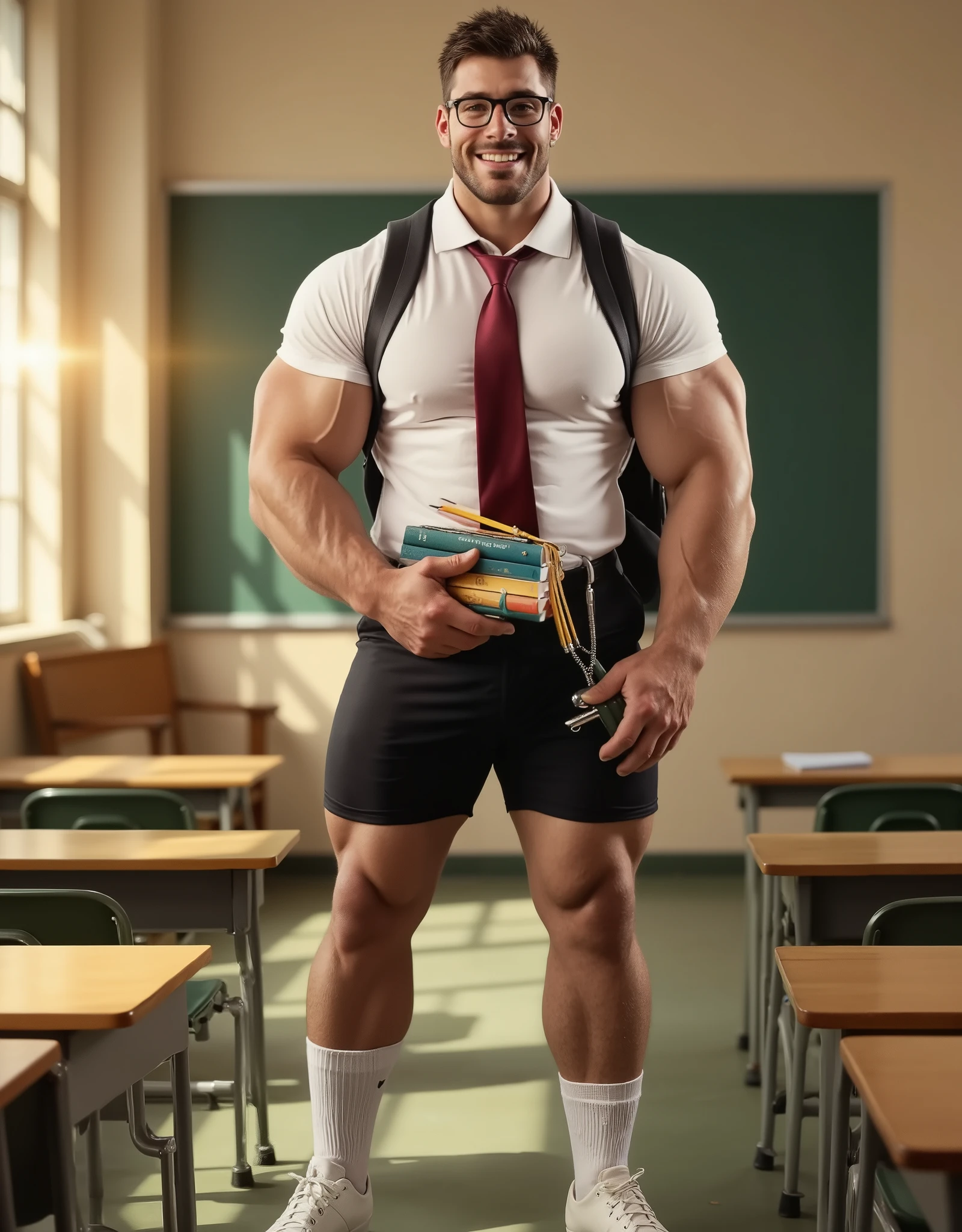 Masterpiece, Accurate, Award Winning, Best Quality, Extremely Detailed, 8K, HD, Super-Resolution, Realistic Textured Hair and Skin, Photorealistic. A ((tall, very muscular man)) with ((short spiky brown hair, thick-framed glasses, and a strong jawline)) stands in an ((colourful, empty school classroom, bathed in warm afternoon light)). His ((broad chest and massive biceps strain against a tight, short-sleeved white shirt, neatly tucked into tight black school shorts that hug his powerful thighs and muscular glutes)). A ((deep-red tie rests snugly against his thick neck, complementing his crisp uniform)). He wears ((white knee-high socks and white canvas school shoes, adding to the youthful, playful aesthetic)). A ((black backpack hangs over one shoulder, accentuating his strong frame as he holds a stack of school books and loose notes pressed against his chest, with pens and pencils clutched casually in one hand)). His ((wide, happy smile and slightly slipping glasses give him a warm, inviting presence, exuding confidence and charm)). The ((empty desks and chalkboard behind him set a nostalgic academic scene, with golden light streaming through the windows, casting soft shadows across the space)). Camera: ((medium close-up shot, straight-on angle for warmth and engagement)). Lens: ((Canon RF 50mm f/1.2L for sharp focus and soft depth)). Shutter speed: ((1/500s for crisp details)). Aperture: ((f/2.0 for subject emphasis with softly blurred background)). Lighting: ((natural golden-hour sunlight with soft reflectors enhancing his warm expression and muscular contours)).