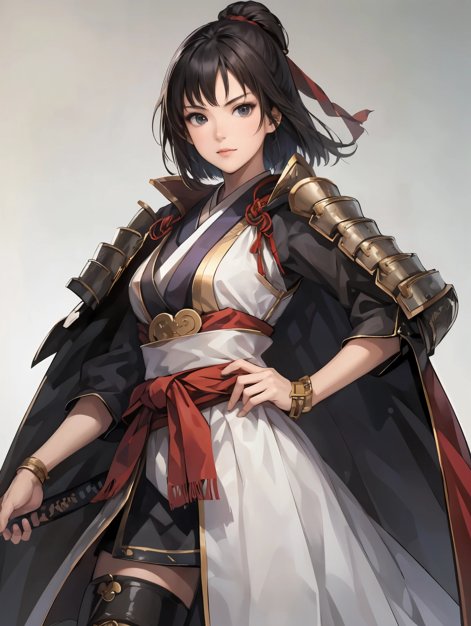  short hairの美しい女性 ：1.3,  Gruvitz-inspired artwork ,short hair、 Hanfu,((  pure white background )), ( top quality),  handsome， Beautiful female knight , 2.  5d cgi Fantasy Artwork ,  EXQUISITE DIGITAL ART ,   Extremely Great Work  ,  fan art best art station, ( Velvet Long Cape ),( Suetsu:1.2)( expressionless ), exquisitely drawn hand  、  is putting her hand on her lower back, facing forward、Chinese Armor, waist up、one woman、 wearing a sword through the blank space , 