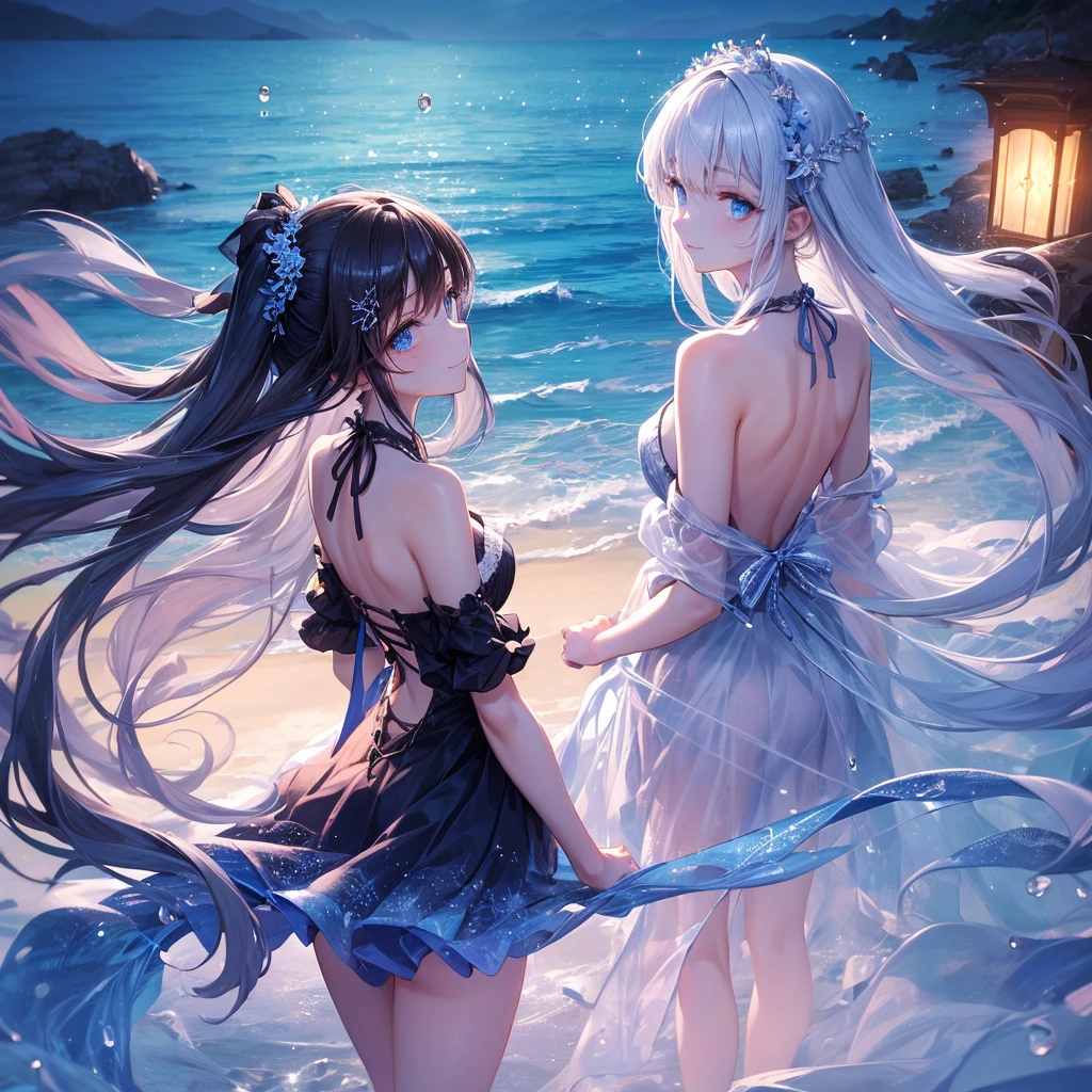 Generates an anime girl with long gray hair on the beach wearing high heels kissing another girl on the beach