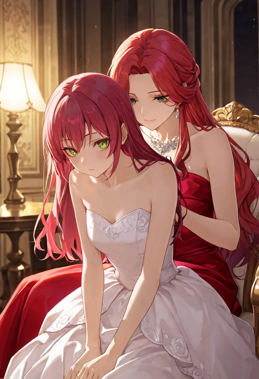 1 girl, in red wedding dress, shinning smile, medium breast, clean cleavage, have red roses in hand, red hair, red eyes, sharp looks, big mansion in background 