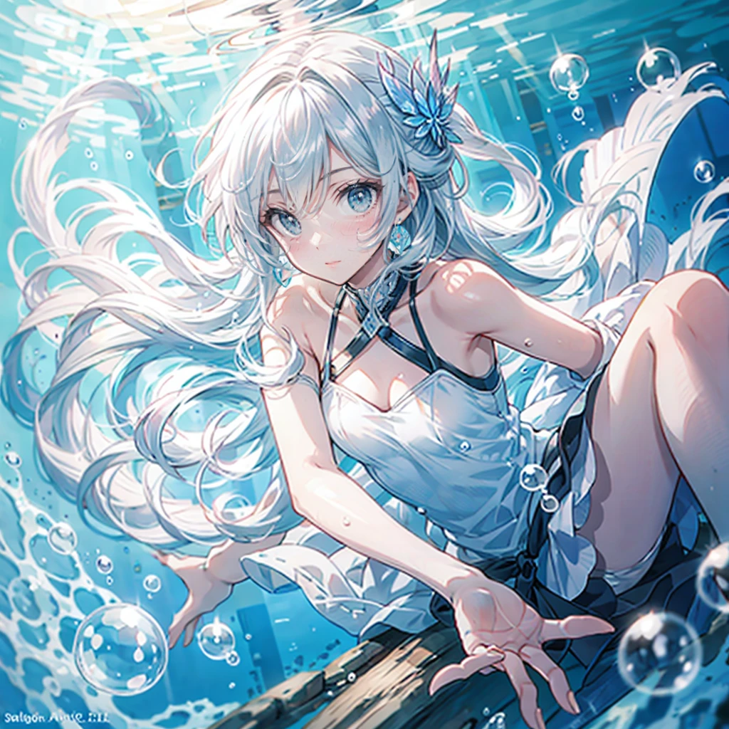 (ultra-detailed, high resolution, masterpiece) 1girl, cetus, coda, oceanodynamic angle, deep ocean, watercolor, sparkling highlights.