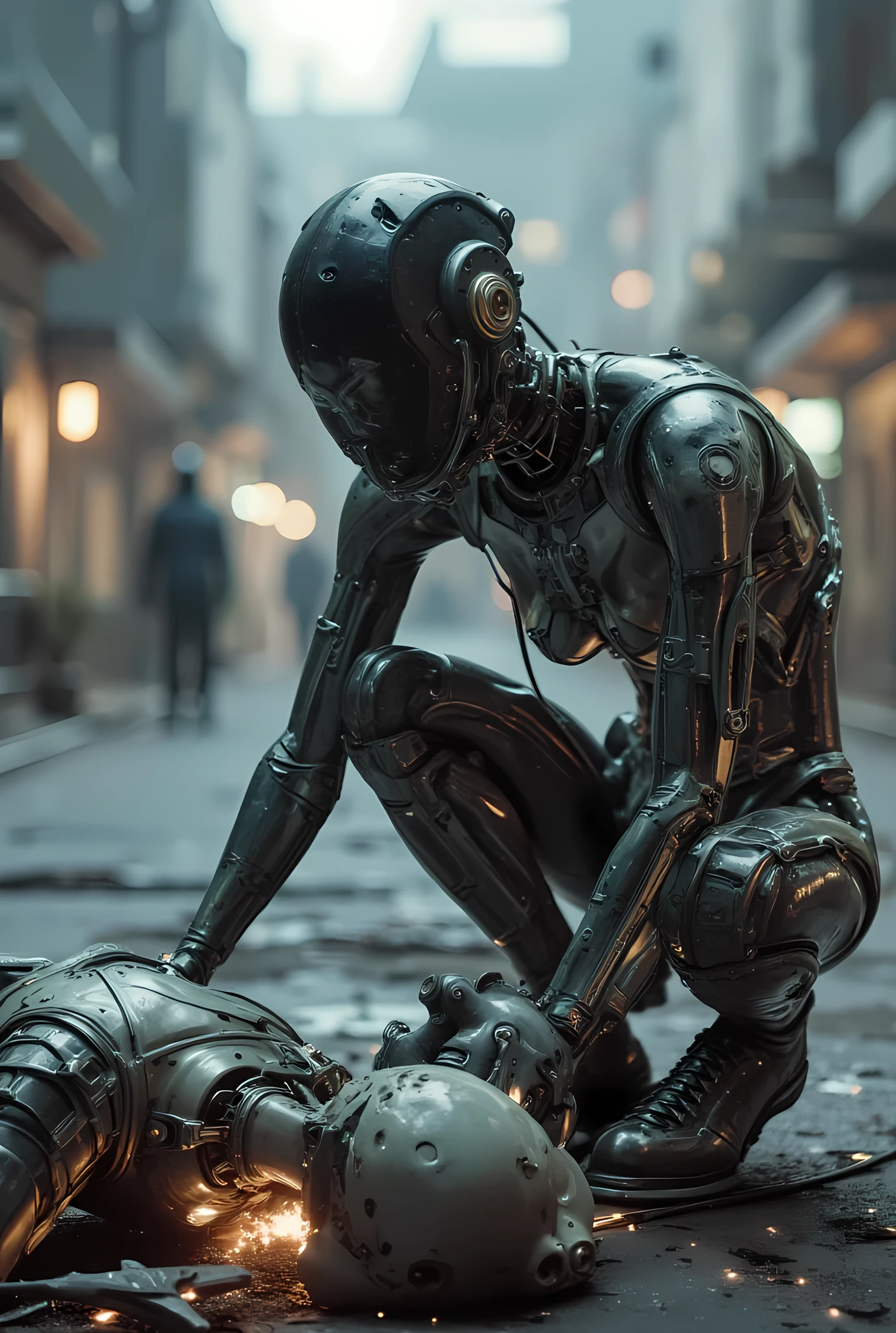 Android with transparent skin showing the mechanism of her body with LEDs between them, is crouching down fixing another android on the broken floor with sparks coming out, Look at the camera , Background is on the street of a cyberpunk city with characters from different galactic backgrounds,  realism, 4K, 8k,