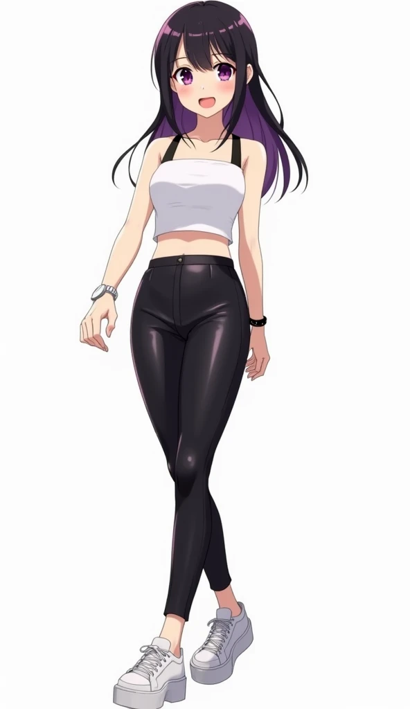 anime girl with a long hair, female anime character, highly detailed exquisite fanart, high quality fanart, high quality colored sketch, anime character, light puple clothes, black long pants, purple pattren in pants, purple shoes, standing, brown hair