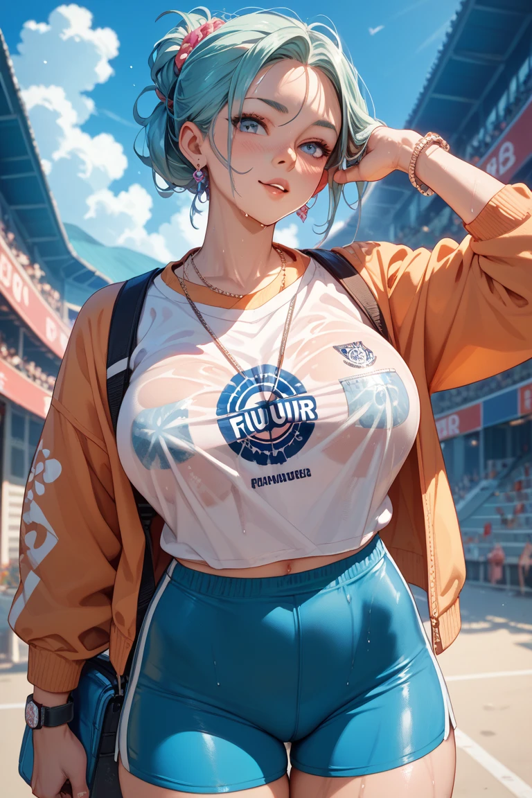 1girl,huge breast, blue hair,high quality, ultra detailed, masterpiece, realistic, short hair, t-shirt