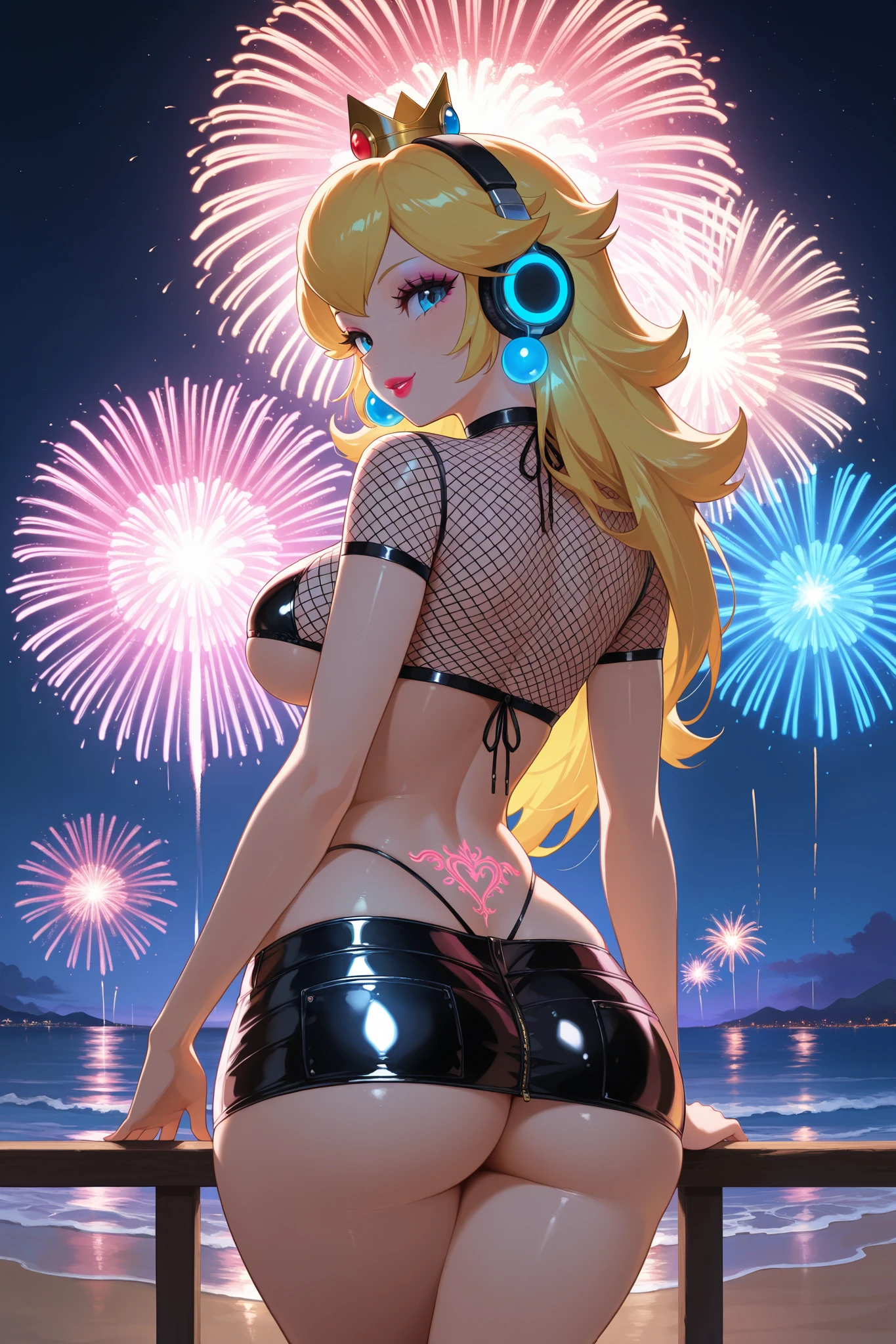 (((masterpiece))), (1girl:1.5), hyper detailed, highres, ((best quality)), (extremely delicate and beautiful), {8k cg wallpaper}, illustration, (blush), (braided ponytail | ponytail | hairbun), (extremely detailed background:1.6), (very long black hair|blonde hair), detailed face, night, festival, outdoors, lantern, (fireworks:1.4), paper lantern, snow, wind, snowflakes, hair ornament, closed eyes, (from behind:1.3), sitting, river, riverbank, starry sky, (holding hands:0.6), leaning on person, showing pink thong, nice ass