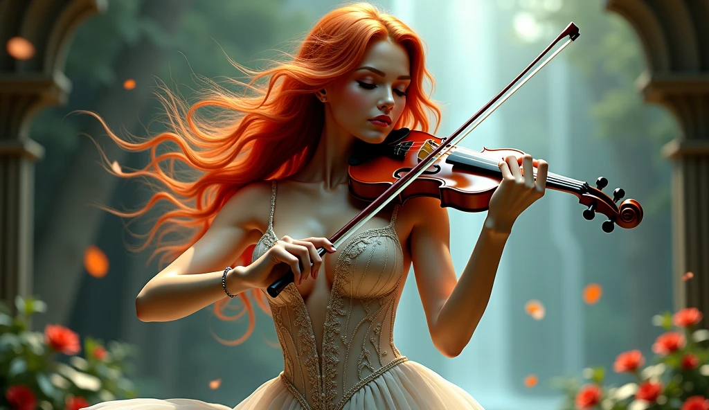 A fantasy, beautiful girl playing violi, she's wearing a transparent dress, she has large breast and long ginger hair, her dress is very low cut revealing cleara,ge