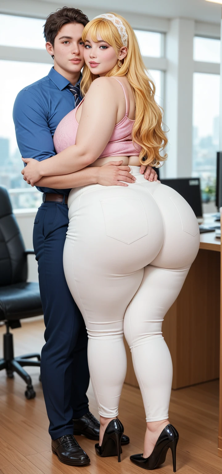 There is a girl and two boys. One guy is grabbing her ass. The girl is blonde. The girl is curvy with thick thighs and a big ass, a big thick ass. (((One guy is groping, squeezing, fondling, and grabbing her big ass.))) She is wearing softball shorts that cover her ass but are very short and tight. She is surprised and nervous, (((the other guy is watching)))