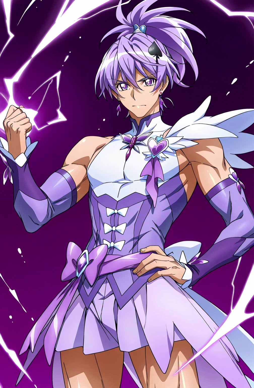 score 9 、score 8 up、score 7 up、source anime、masterpiece、Top Quality、High Resolution、anime coloring、1boy 、Cure Sword、(male:1.5)、close-up of a boy cartoon character with purple hair、high short ponytail hair、spade shape hair ornament、Alone、portrait of Magic Boy、 Boy in a White and Purple Dress 、isolated、Long Legged 、Heavenly Aura、Lightning Aura、 White and Purple Miniskirt 、white shoulder pats、 purple arm warmers、purple detached sleeves、purple waist bow、Bare legs、bare thighs、 purple thigh-high boots 、 Symphogear Flavor 、Boy with short purple hair、 Prince of Amethysts 、official character art、style of Magic Boy、masculinization、Magic Boy、 Anime Boy 、Official Art、High Resolution、perfect costume、sparkling Magic Boy、(manly:1.5)、With Sparkling Purple Eyes 、perfect body、perfect hands、perfect arms、perfect legs、 male focus、looking at viewer、Alone focus、cowboy shot、(male body:1.5)、beefcake style、purple background、