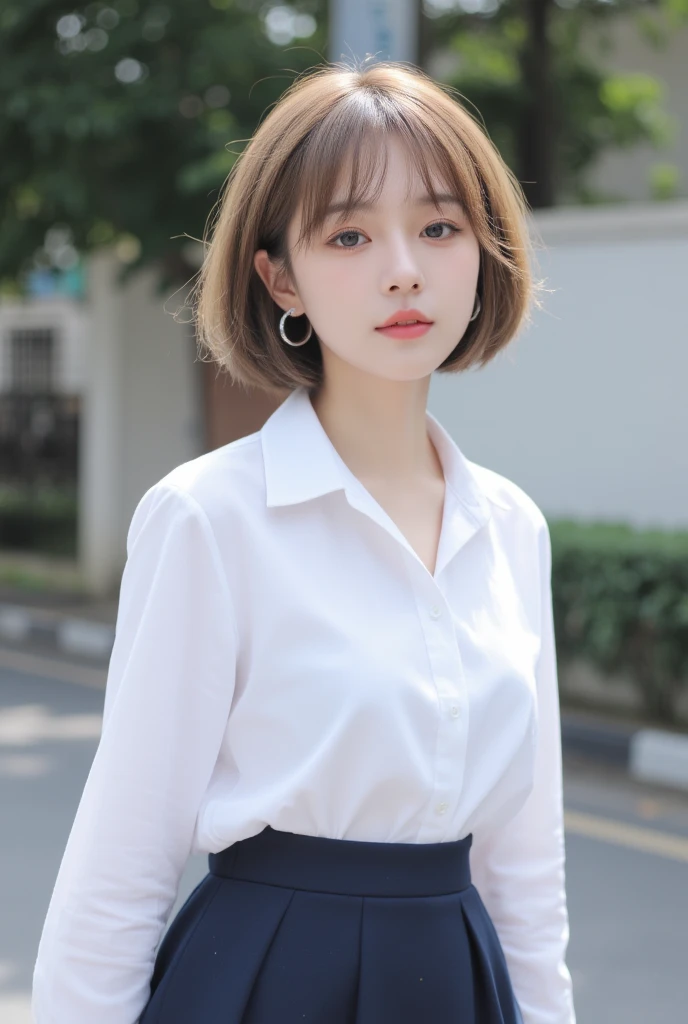 ((top-quality、8K、​masterpiece：1.3))、An image that includes the entire body of a person、Crisp focus：1.2、Beautiful Women in Perfect Style：1.4、Sideways upright：1.2、full body1.2((dark brown hair、Model body type：1.2))、Standing leaning against the wall、(White button shirt:1.1)、White wall background:1.2、short-cut、Highly detailed facial and skin texture、A detailed eye、二重まぶた