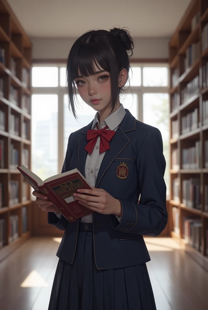 ((masterpiece,best quality))1girl, solo, bookshelf, pile of books, indoors, hair ornament, yuina, red eyes,