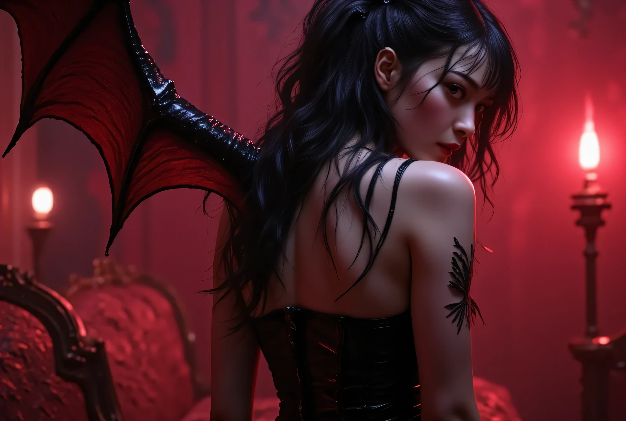 (((Dark bedroom in ruins:2.0))),(((gothic horror atmosphere:2.0))),side view from the back,Side pose,((looks back and look at the camera:2.0)),(( looking back over my shoulder :2.0)),Rear View,(((Cowgirl 2.0))),((( straddling a man whose face jumps up:2.0))),((full body:2.0)),one woman,(Cute Face),(Beautiful well-balanced face ),((long hair with bangs:2.0)),( black hair:1.5),(Beautiful grey eyes:1.3),a glamorous shot of a 20-year-old Japanese woman, Slender Beautiful Body ,((model body type:2.0)),(( slim body with hot water:1.7)),perfect body line,ideal proportions,((big breasts:2.0)),((F cup chest wearing:1.5)),Big Breasts,Bare thighs,sensual thighs seen from below the crowd,delicate body,( Muscular:1.7),A harmonious posture,((Beautiful ass:2.0)),((cute ass:2.0)), ((((Bare ass :2.0)))),((( T-back :2.0))),((Realistic breast depiction :1.7)),carefully depicts her limbs based on perfect anatomy,((SM Queen:1.5)),((succubus:2.0)),((Black bondage made of latex:1.5)),((Large devil wings on the back:2.0)),(Big devil horns:1.5),((Black super high-leg bondage:1.5)),(:1.3),Concept Art,(Top Quality:1.5),(masterpiece:1.5),(Ultra-high resolution),resolution,UHD,( delicate depiction), carefully drawn with butterfly wings ,32K,((realistic skin texture:1.5)),((( super realistic :1.5))), eyelashes,very detailed face,Highly detailed female hand, Sexy appearance ,Very sensual,(Blurry Dim Backgrounds :1.5),professional photo shoot,(movie light:2.0),((Blade Runner-style lighting:2.0))