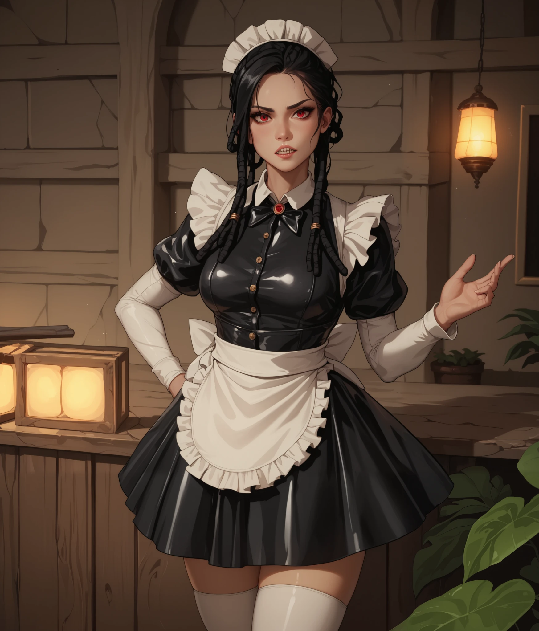 masterpiece, HD , great quality, very aesthetic, absurd, high contrast , high color palette , light glare ,Latest ,2.5D,volumetric lighting, Sweet, jung, 1 girl, aztekisch, small breasts, red eyes,athletic body, aztekisch, white hair strands, looks at the viewer, medieval leather clothing, Dreadlocks, shy, smiles, Anime shark teeth, background: Jungle and Aztec ruins