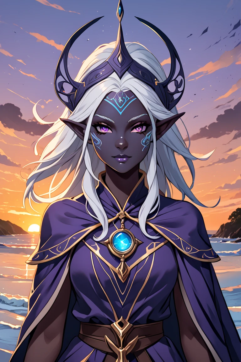 Denim blue skin female elf 4 with horn and glowing yellow eyes wearing wizard cloak and a tattoo mark all over the face