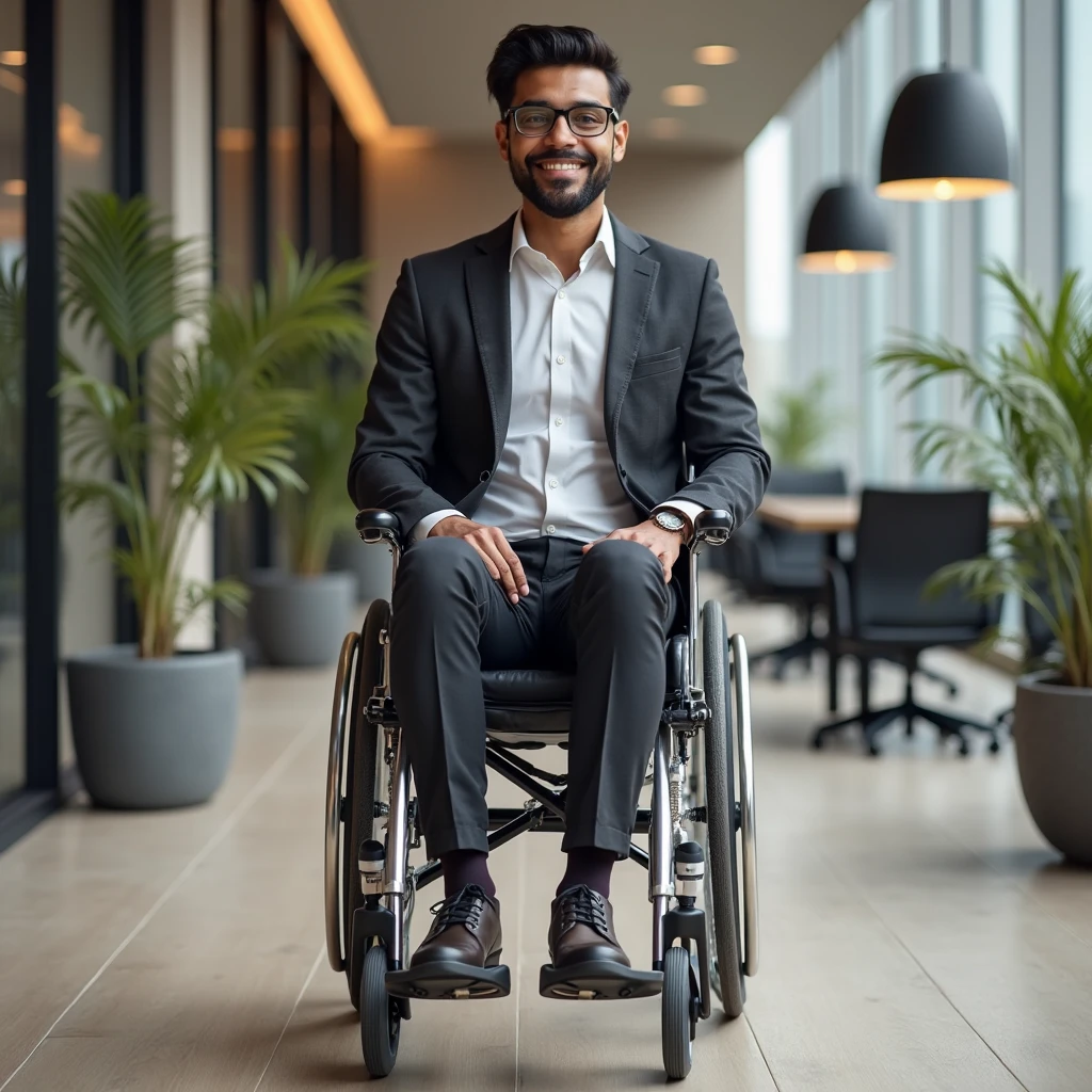 Enigmatic man with smile on his face and glasses in his right hand while sitting in wheelchair, perfect smile
