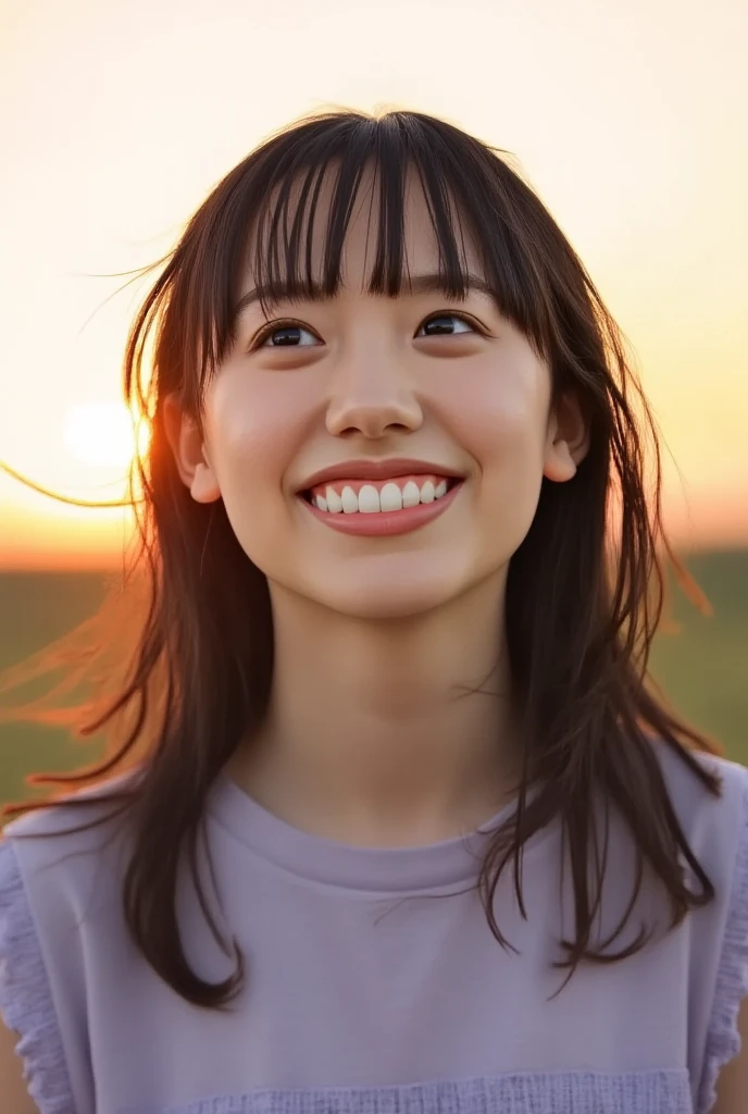 (One girl with slender small breasts and long hair with dull bangs in a white t-shirt:1.5)、(One girl looking up the sky with thin smile :1.3)、(Low angle shot :1.5)、(Beautiful twilight sky:1.5)、(Perfect Anatomy:1.3)、(No mask:1.3)、(complete fingers:1.3)、Photorealsitic、Raw photography、masutepiece、top-quality、hight resolution、delicate and pretty、face perfect、Beautiful detailed eyes、Fair skin、Real Human Skin、pores、((thin legs))、(Dark hair)