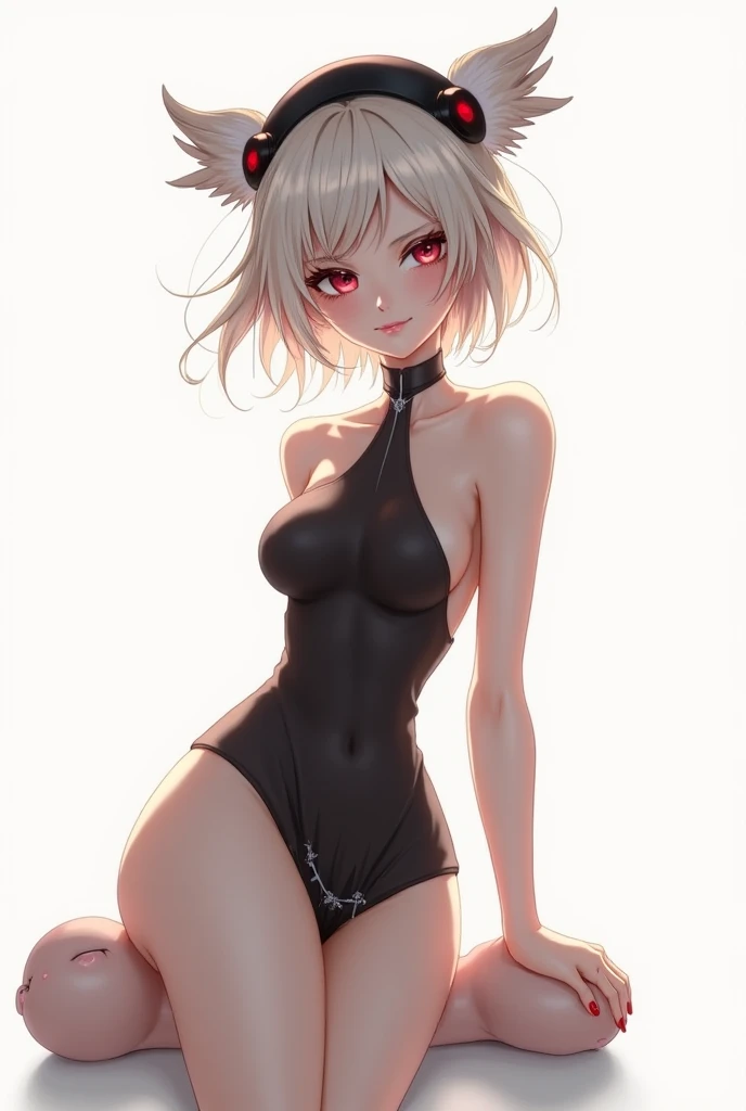 ((greatest masterpiece:1.3, ultimate quality:1.3, ultra-detailed:1.2)), (movie lighting), ((perfectly sensual)), super fine illustration, an extremely delicate and beautiful, 4K, 8K, 16K, UHD, Create an anime-style illustration of a young woman with short, platinum blonde hair and large red eyes, posing seductively on her knees. She is wearing a black, frilly lingerie set with a halter neck design, which includes a bra with a cutout exposing part of her breasts and matching panties. The outfit has cat-themed details, including cat ears on her head and a black cat tail with a red bow and golden bell at the tip. The character also wears black, thigh-high stockings and lace-up high-heeled boots. The background is soft pink with floating heart shapes, enhancing the cute yet alluring atmosphere of the image. The lighting is soft and flattering, highlighting the glossy texture of her outfit and the smoothness of her skin, nice hands, perfect hands, nishikigi chisato, short hair, bangs, blonde hair, (red eyes:1.5), hair ribbon, one side up, bob cut,