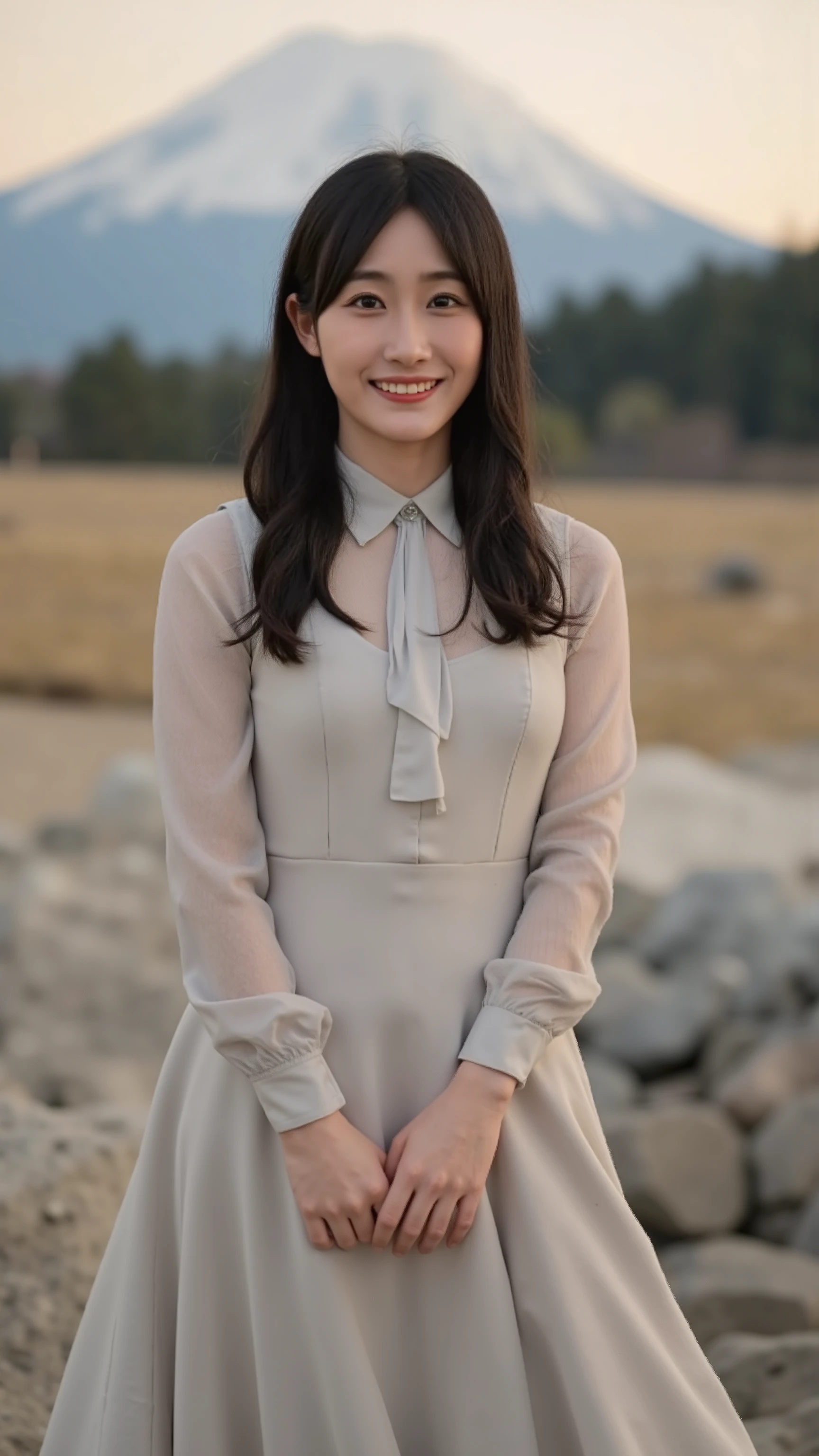 A high resolution photograph of a Japanese young woman, realistic, photo-realistic, best quality, masterpiece, 8k, RAW photo, extremely detailed, intricate details, sharp focus, professional lighting, solo, (bust shot), looking at the camera, (slender, slim and thin body, petite body, small breasts, flat chest), standing, (sweaty sheer blouse, covered nipples, skirt), black hair parted middle, forehead, detailed face, beautiful detailed eyes, beautiful pupils, sophisticated nose, pale skin, fine-textured skin, detailed fingers, detailed hand, perfect hand, anatomically correct proportion, outdoors, mountain fuji in the background, magic hour, sunset, at dusk,