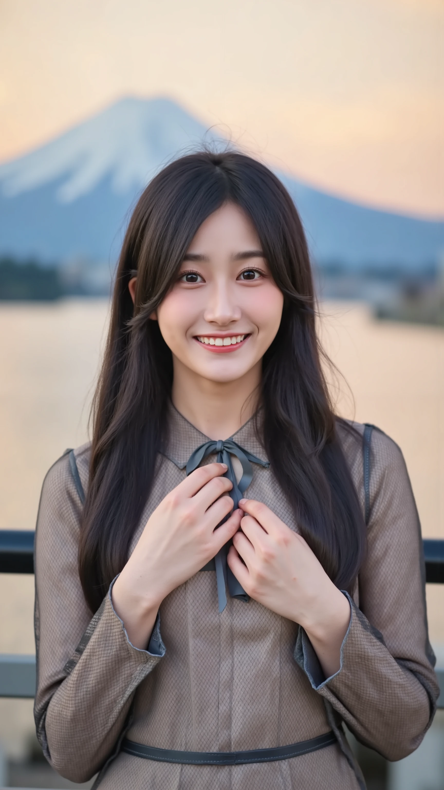 A high resolution photograph of a Japanese young woman, realistic, photo-realistic, best quality, masterpiece, 8k, RAW photo, extremely detailed, intricate details, sharp focus, professional lighting, solo, (bust shot), looking at the camera, (slender, slim and thin body, petite body, small breasts, flat chest), standing, (sweaty sheer blouse, covered nipples, skirt), black hair parted middle, forehead, detailed face, beautiful detailed eyes, beautiful pupils, sophisticated nose, pale skin, fine-textured skin, detailed fingers, detailed hand, perfect hand, anatomically correct proportion, outdoors, mountain fuji in the background, magic hour, sunset, at dusk,