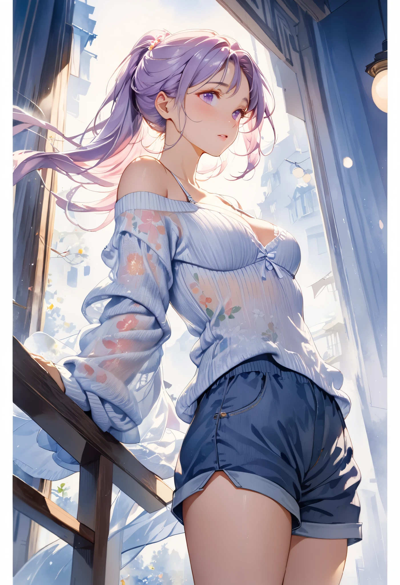 (), big ,(masterpiece), best quality, very detailed, (watercolor), bloom, delicate and beautiful, illustration of a woman with a penis , (from below),(1 girl:1.4), (Alone:1.2), ( ribbed sweater with see-through bra :1.3), off shoulder sweater, (shorts:1.2), bare shoulder to the man behind you, (underbob), (( dark skin on the tip of the mouth:0.8)), beautiful eyes, Alex Maleve, professional, Canon Camera, Nikon Camera, sharp, Bokeh, Studio Quality,Robert Capa , light purple hair,long skirt, beautiful long hair,